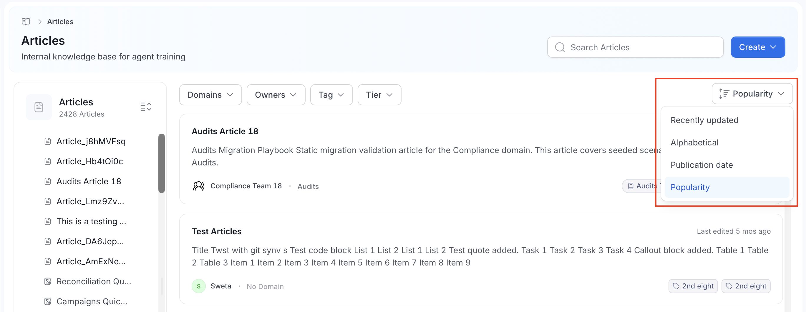 Articles sort dropdown with Recently updated, Alphabetical, Publication date, and Popularity