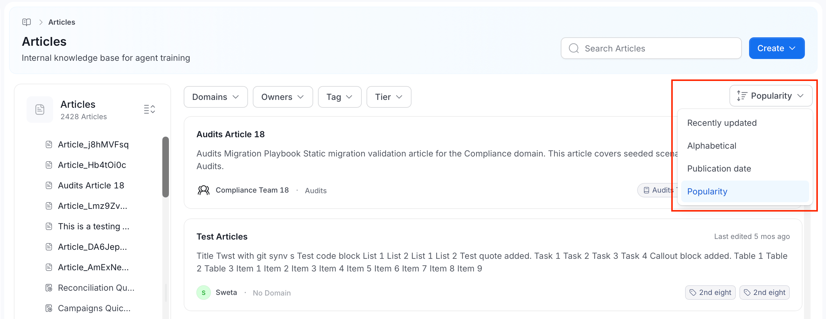 Articles sort dropdown with Recently updated, Alphabetical, Publication date, and Popularity