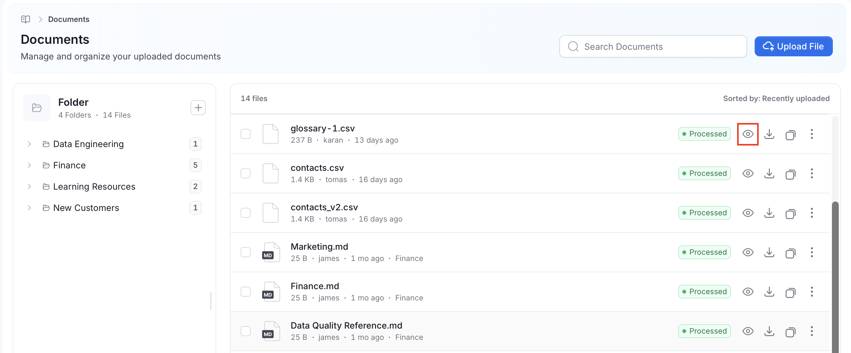 Preview icon on a file row in Documents