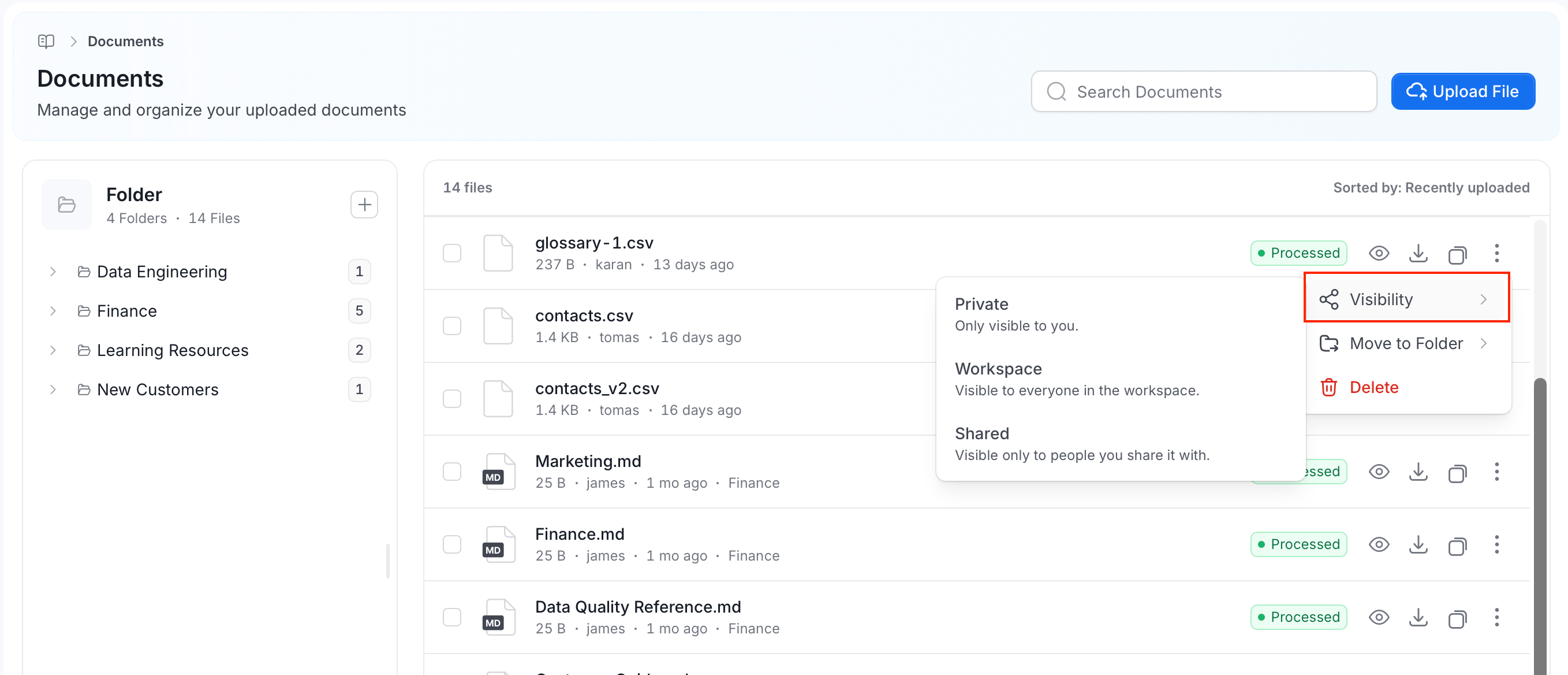 Visibility submenu with Private, Workspace, and Shared options