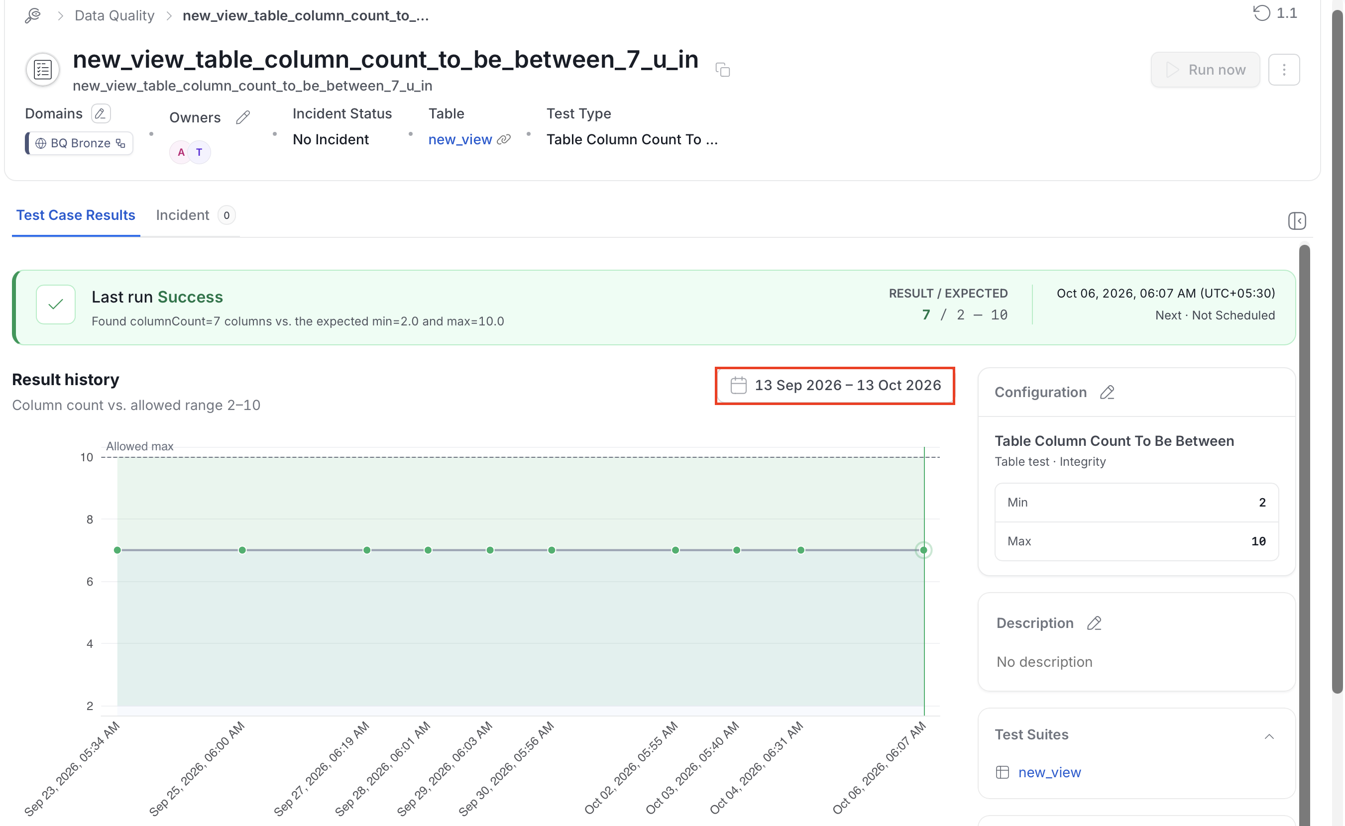 Test case details page showing the Last run banner, the Result history chart, and the date range picker