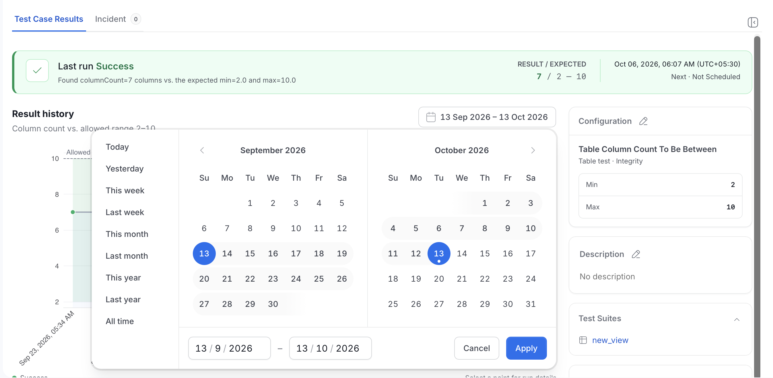 Date range picker with presets, two calendars, start and end date fields, and the Cancel and Apply buttons