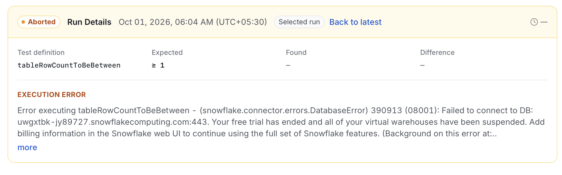 Run Details card for an aborted run showing the Execution error section with a database connection error message and a more link