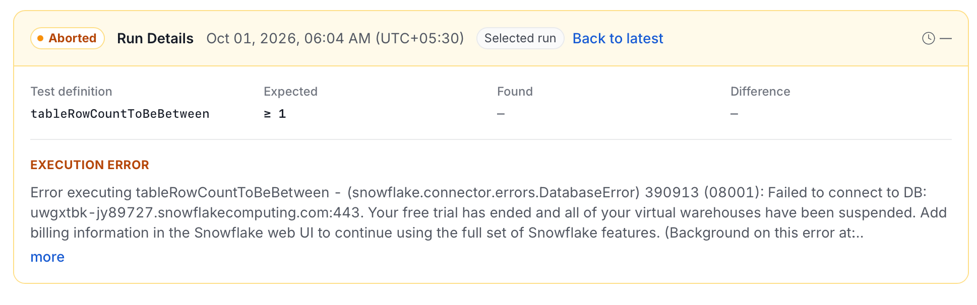Run Details card for an aborted run showing the Execution error section with a database connection error message and a more link