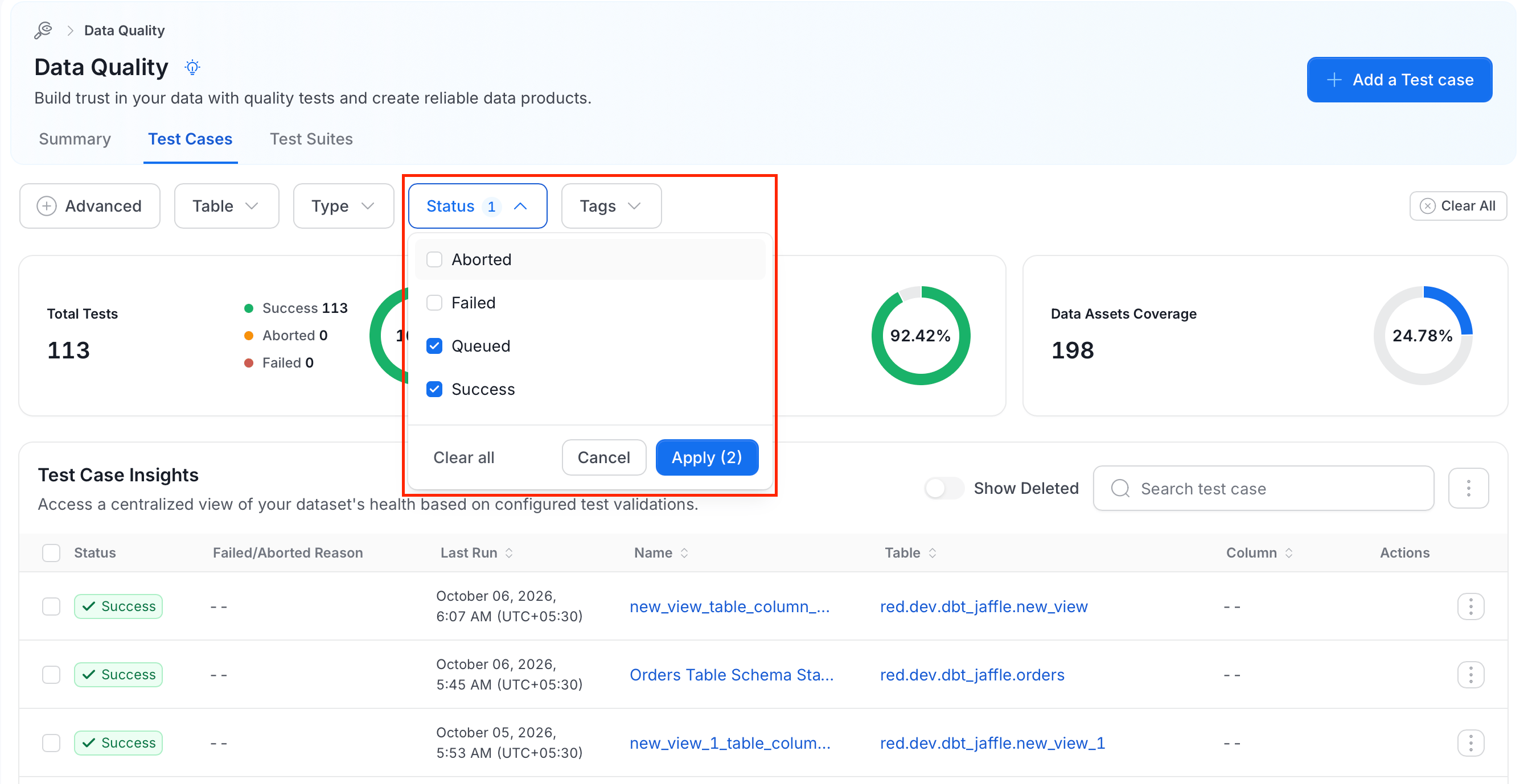 Status filter with Queued and Success selected and the Apply (2) button