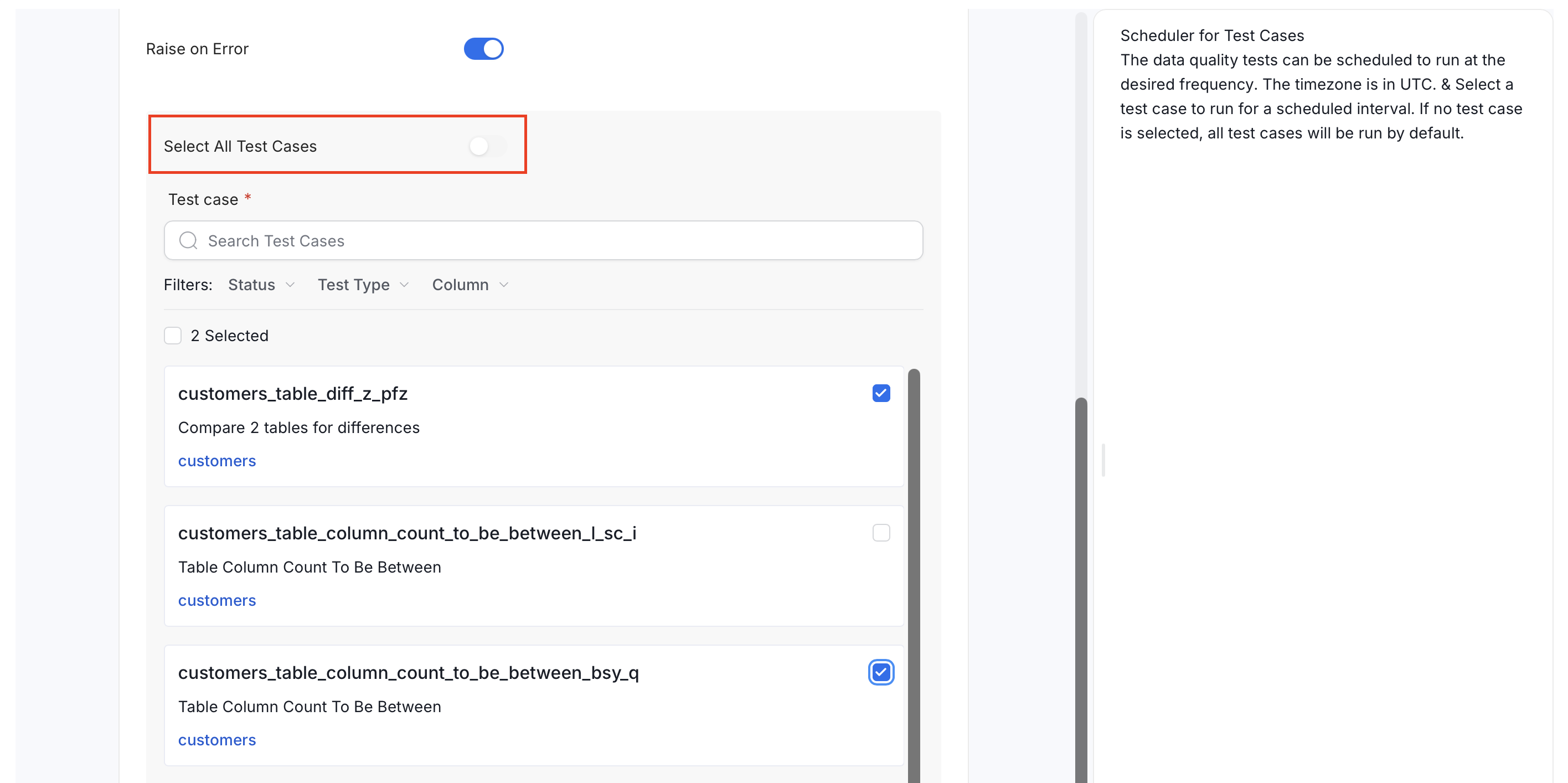 Add Ingestion form with the Select All Test Cases toggle and a list of test cases to select