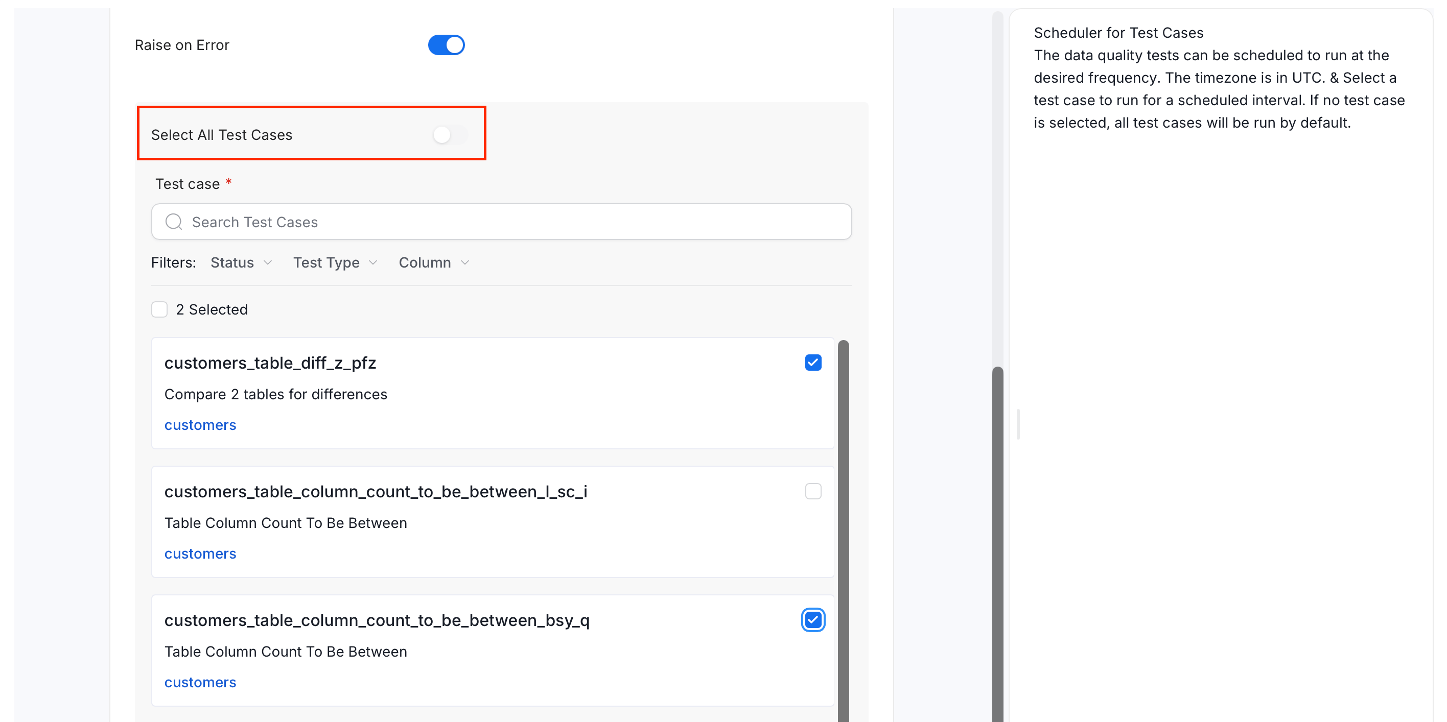 Add Ingestion form with the Select All Test Cases toggle and a list of test cases to select