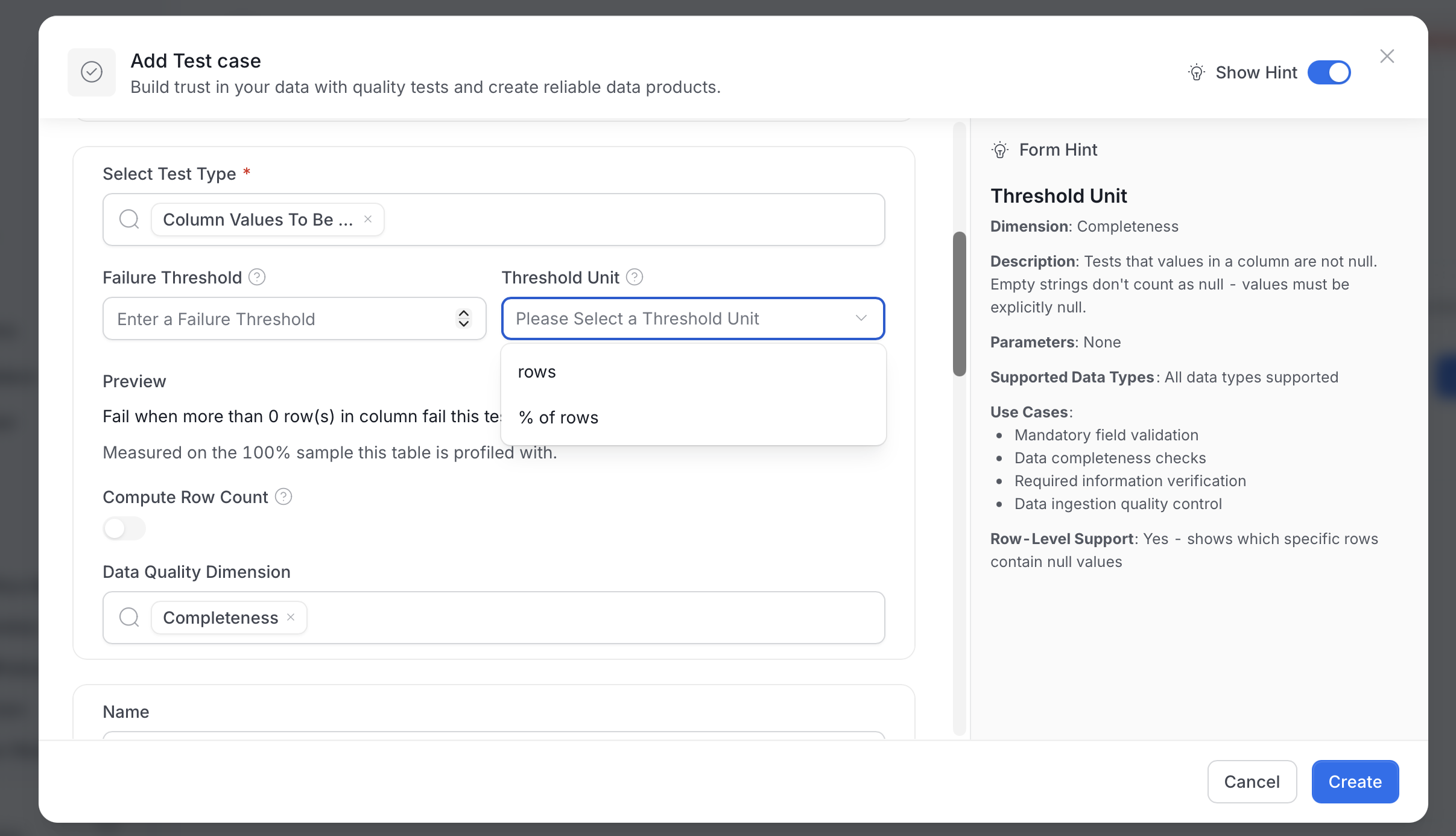 Add Test case form with the Threshold Unit dropdown open, showing the rows and % of rows options
