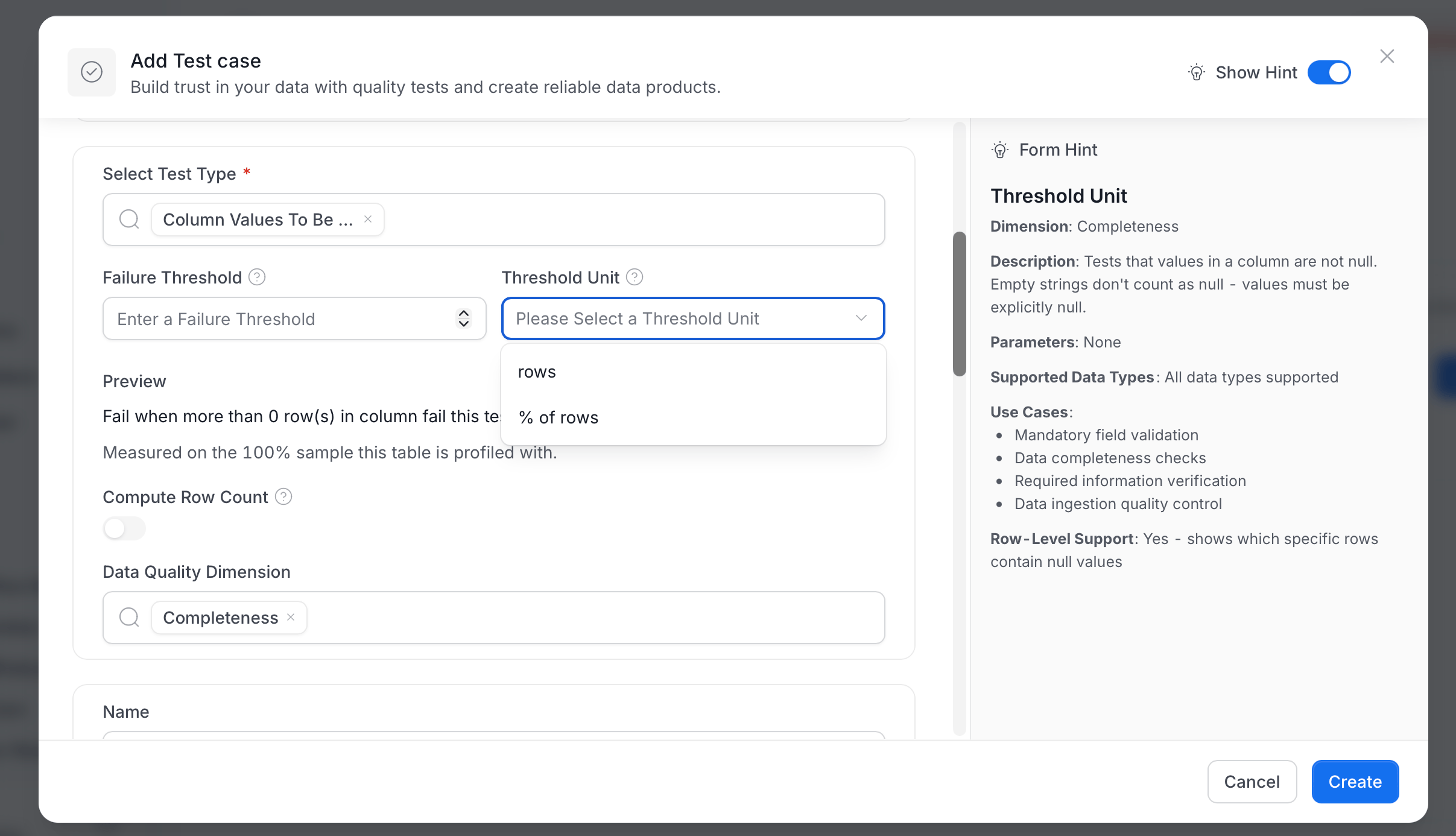 Add Test case form with the Threshold Unit dropdown open, showing the rows and % of rows options