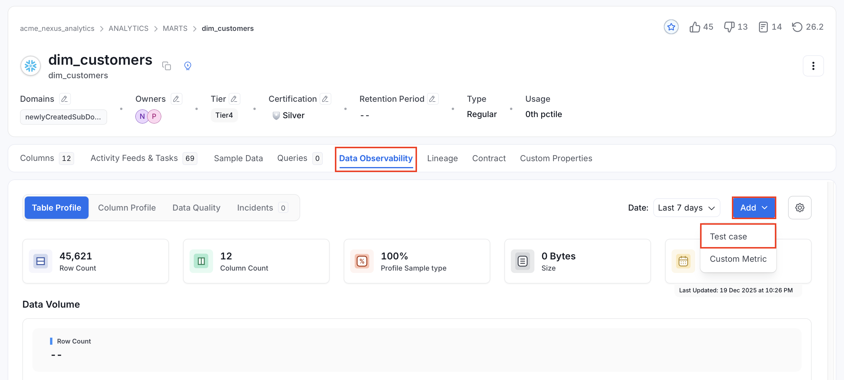 Add Test menu on the Data Observability tab