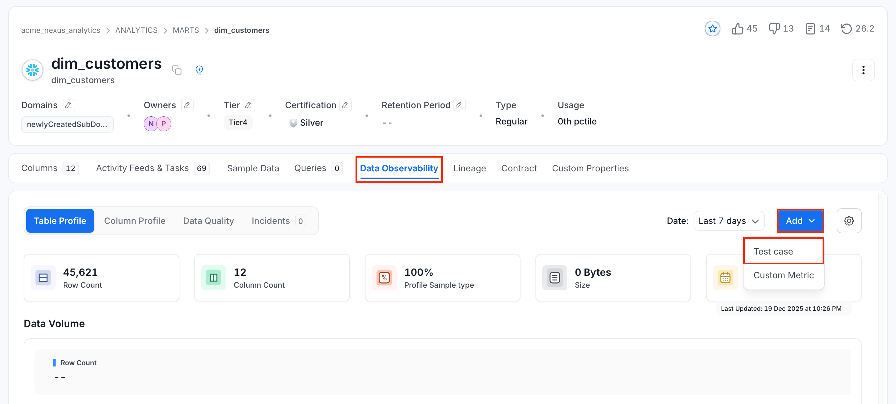 Add Test menu on the Data Observability tab