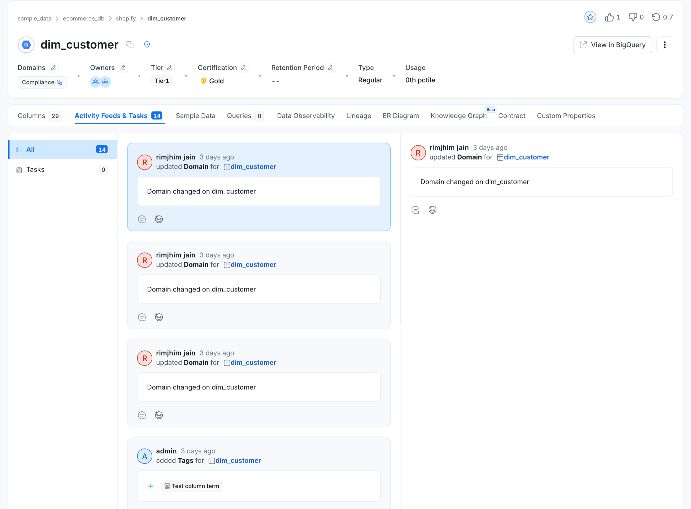 OpenMetadata 2.0 entity page showing the redesigned header and the Activity Feeds and Tasks tab