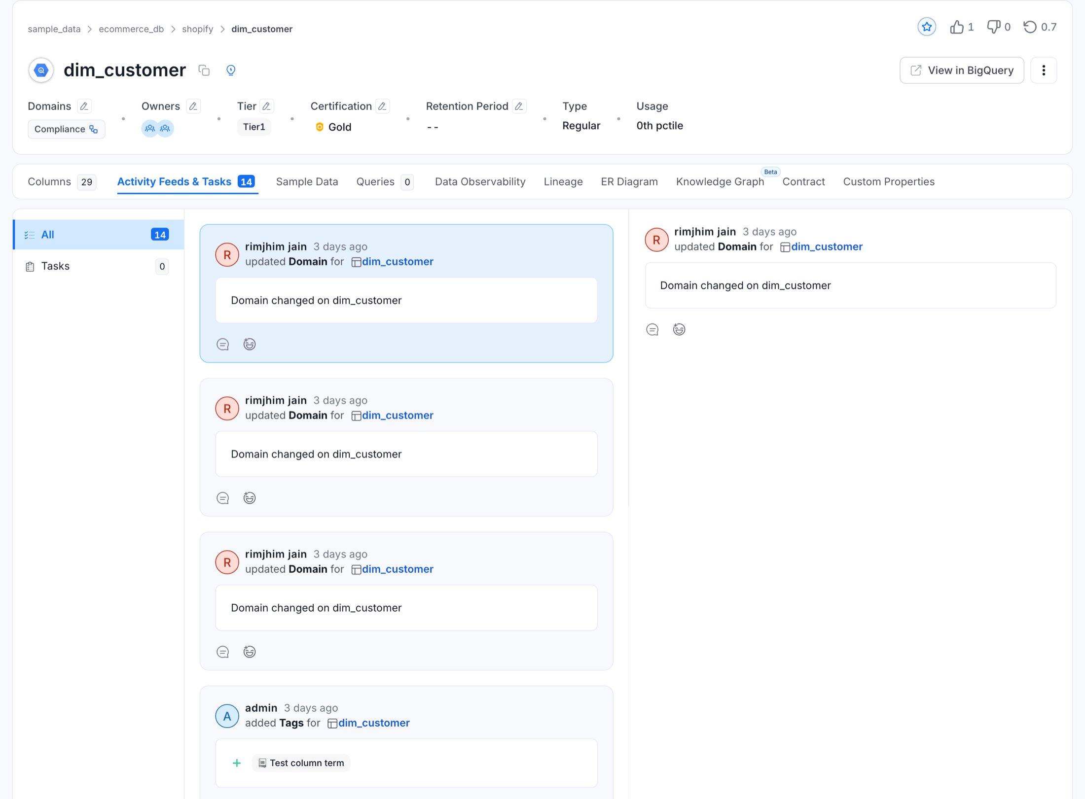 OpenMetadata 2.0 entity page showing the redesigned header and the Activity Feeds and Tasks tab