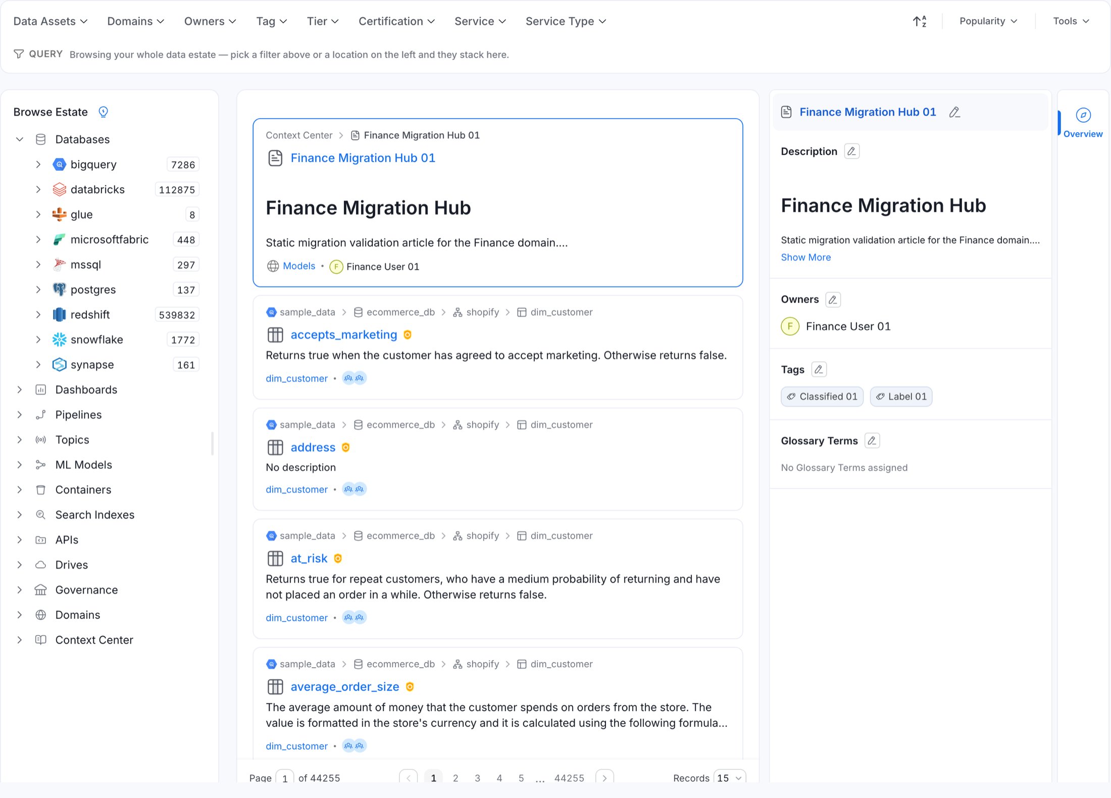 OpenMetadata 2.0 Explore page showing the Browse Estate panel, the query bar and result cards
