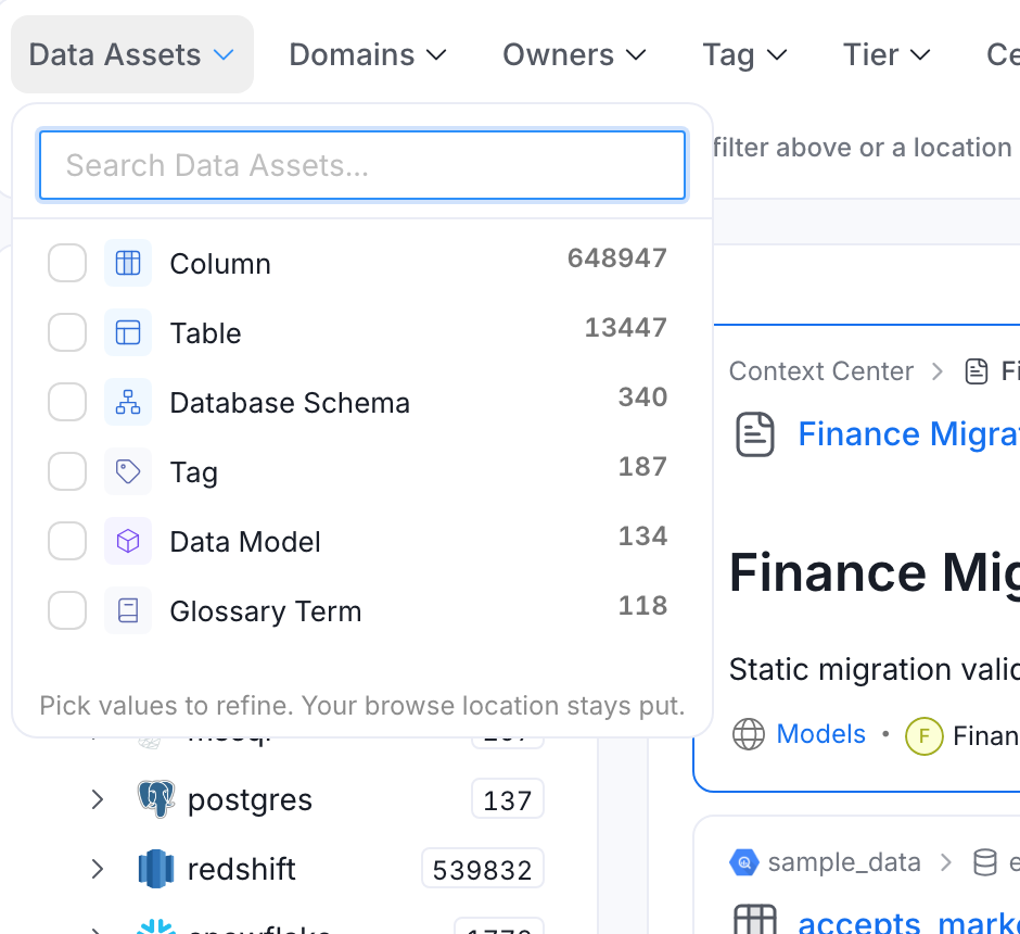 Data Assets quick filter dropdown showing option counts, entity icons and the helper text about the browse location