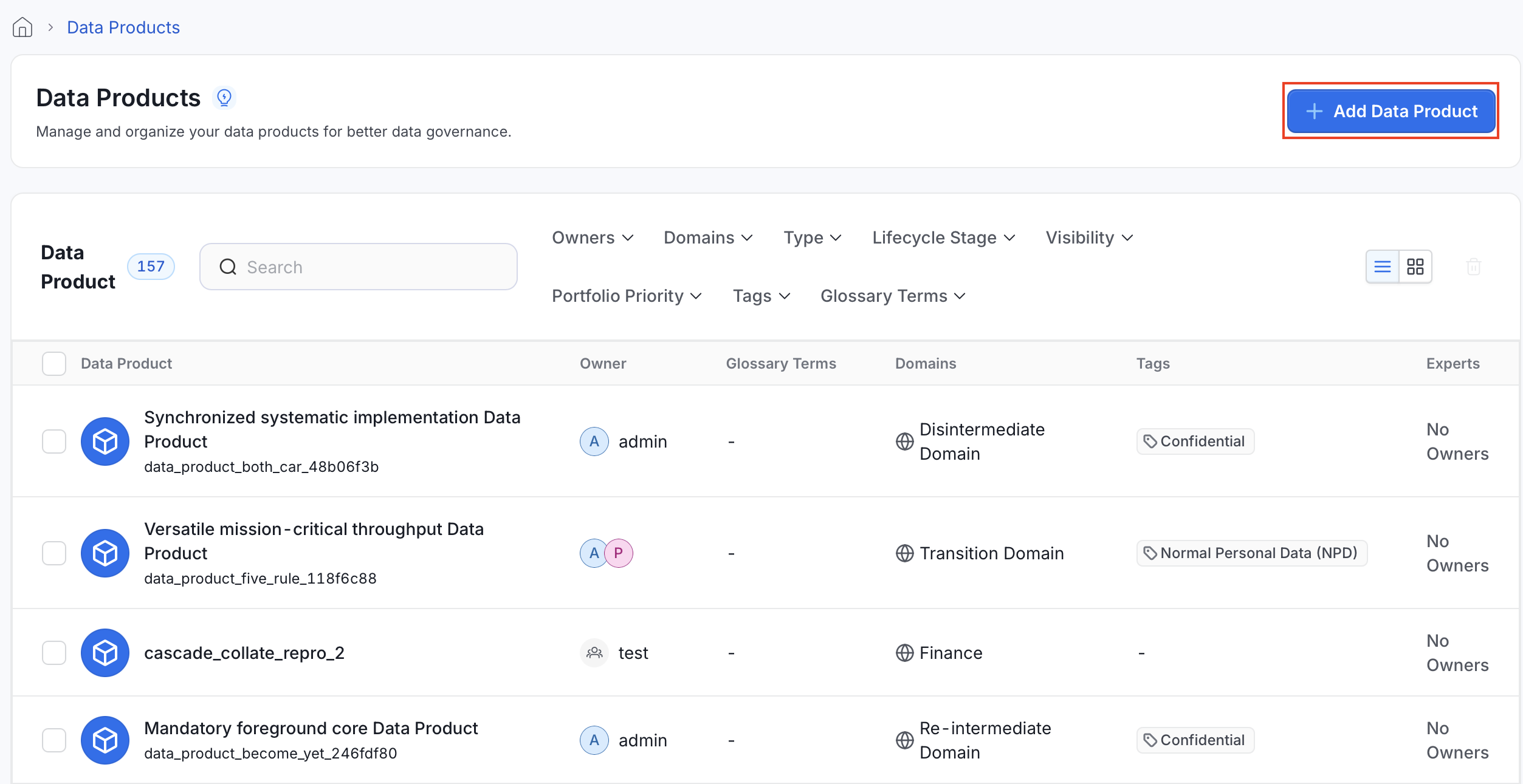 Add Data Product button