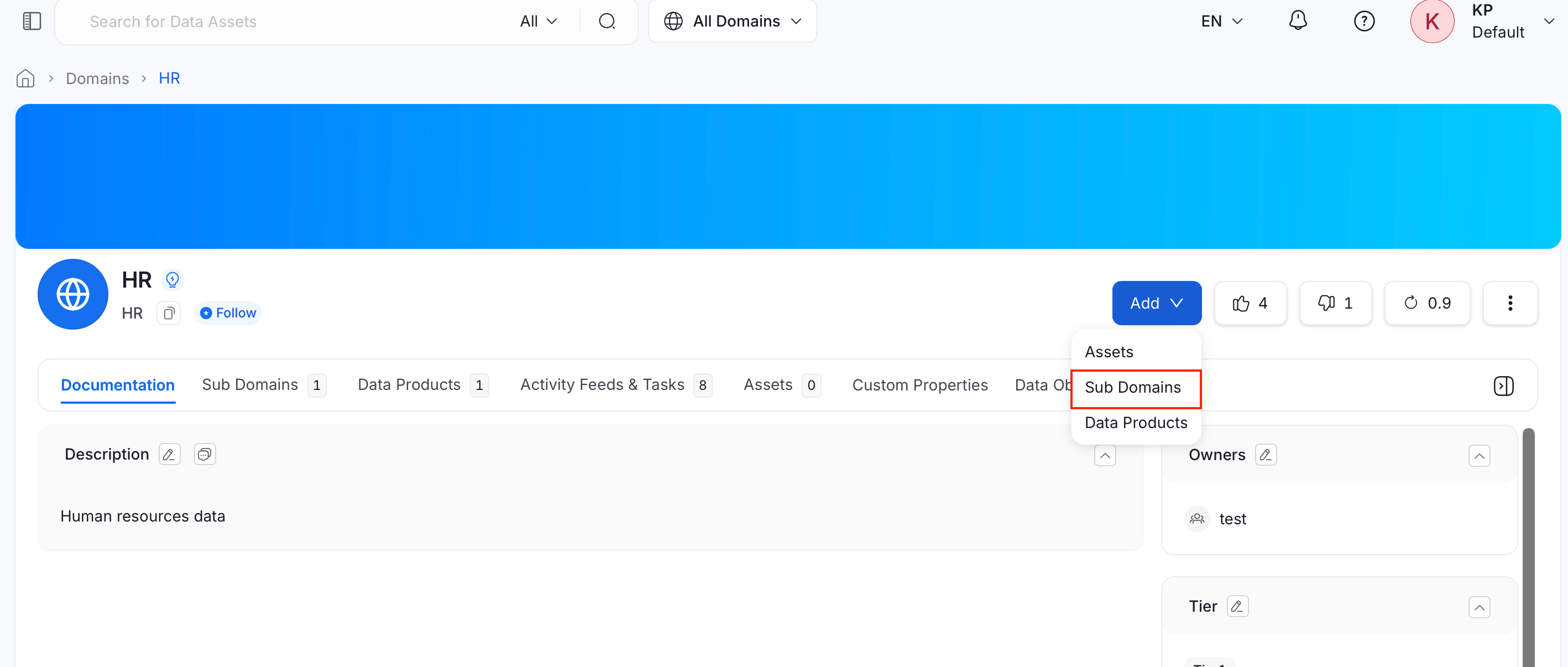 Add menu on a domain's detail page, showing Assets, Sub Domains, and Data Products