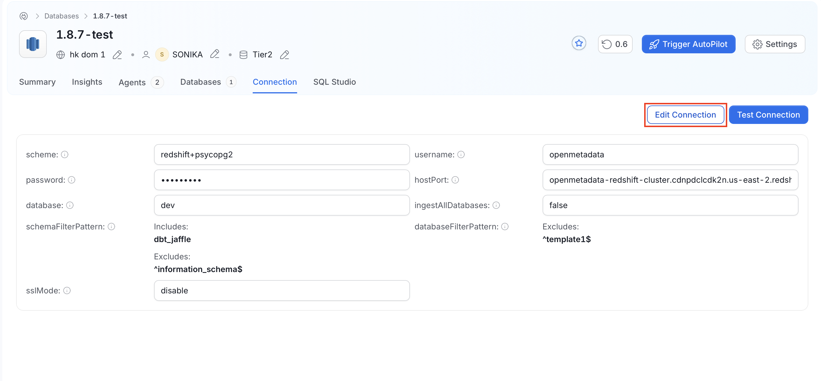 Edit Connection and Test Connection buttons on the Connection tab of a service