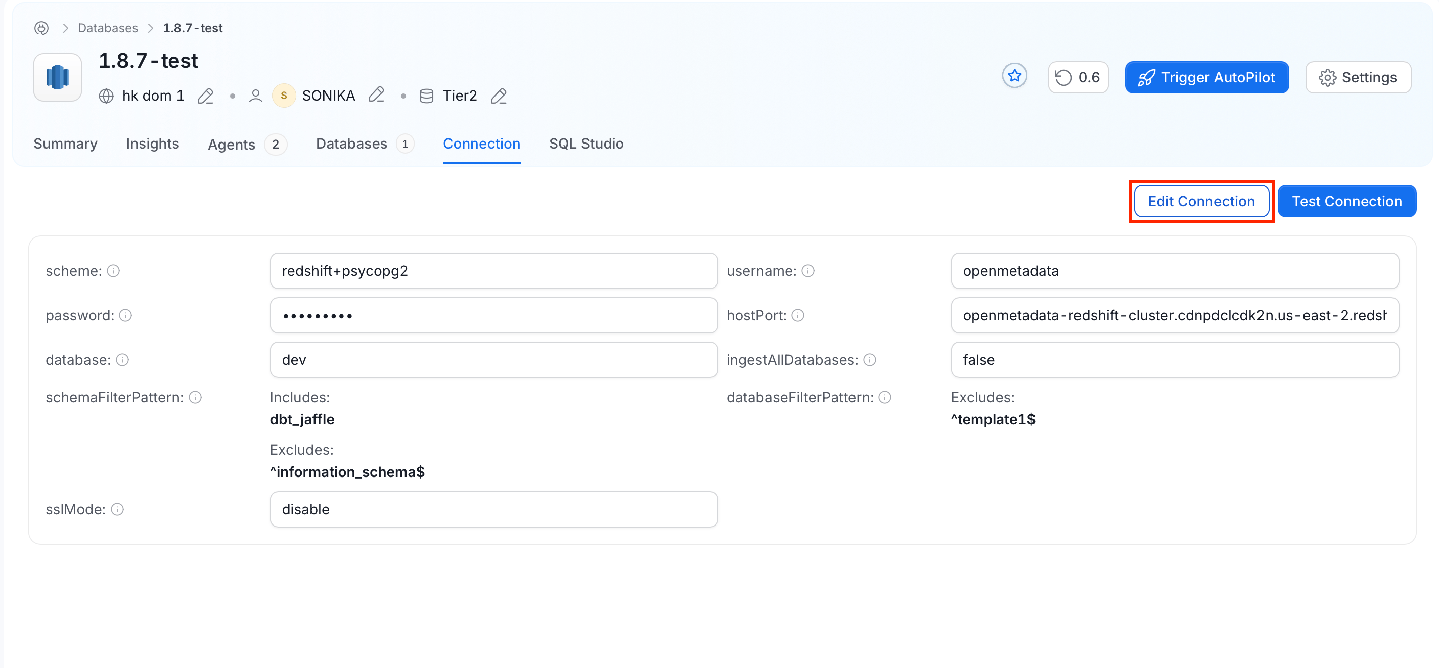 Edit Connection and Test Connection buttons on the Connection tab of a service