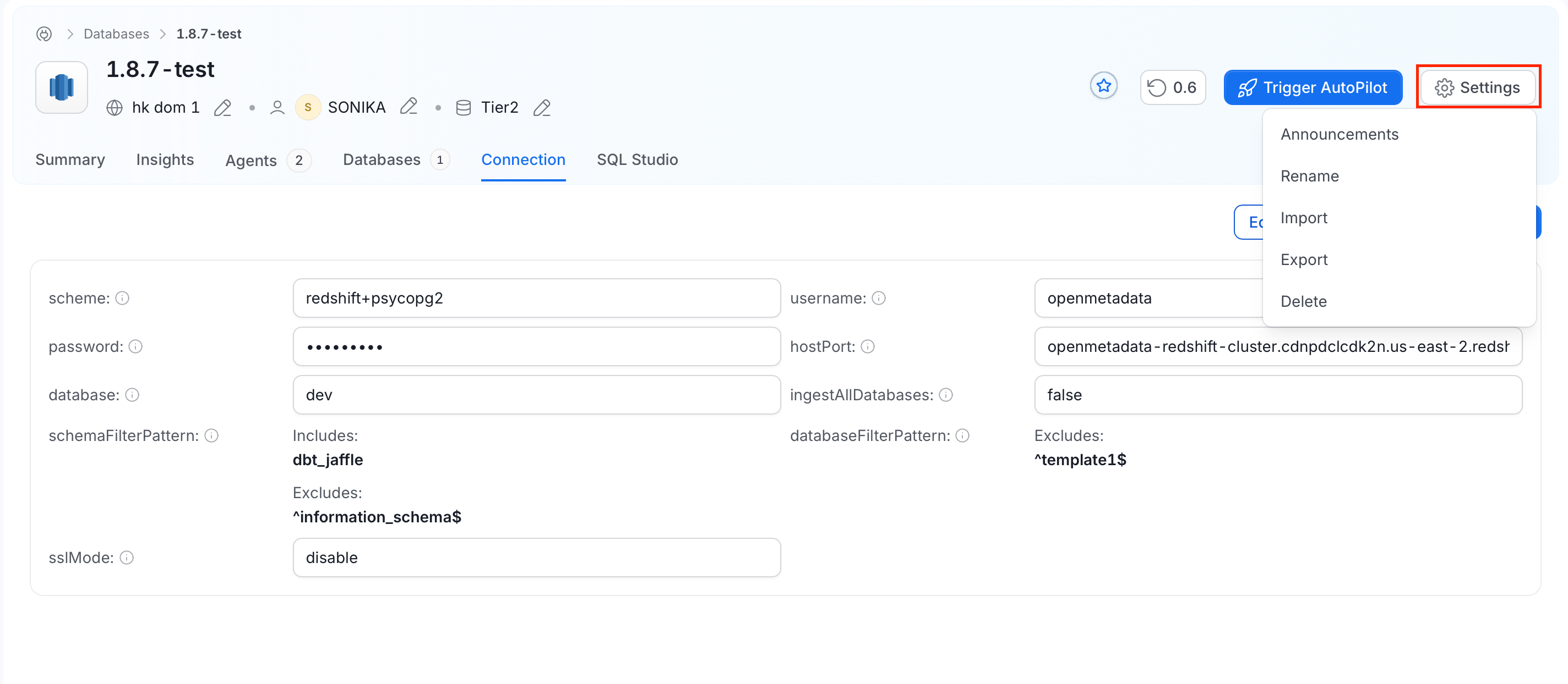 Settings menu of a service with Announcements, Rename, Import, Export, and Delete