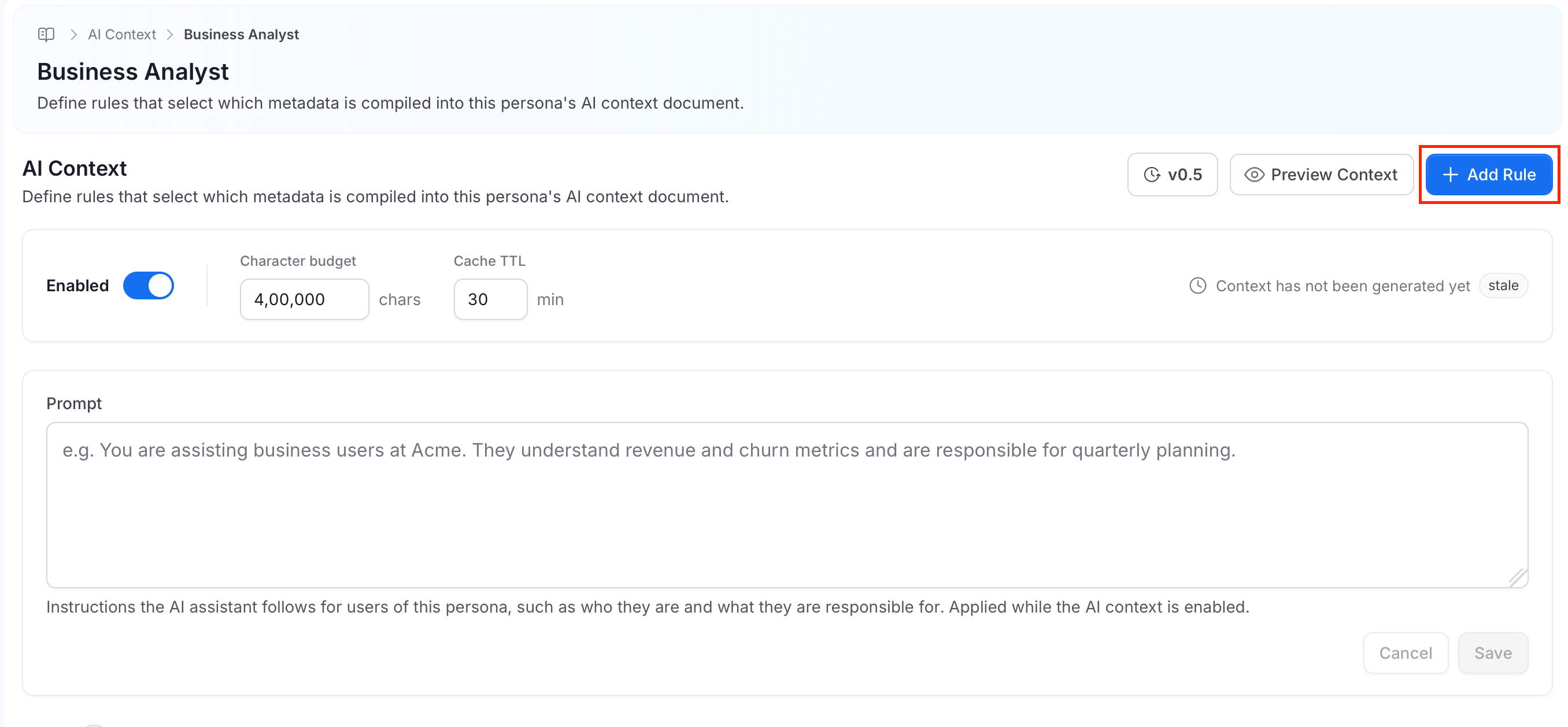Add Rule button on the AI Context page