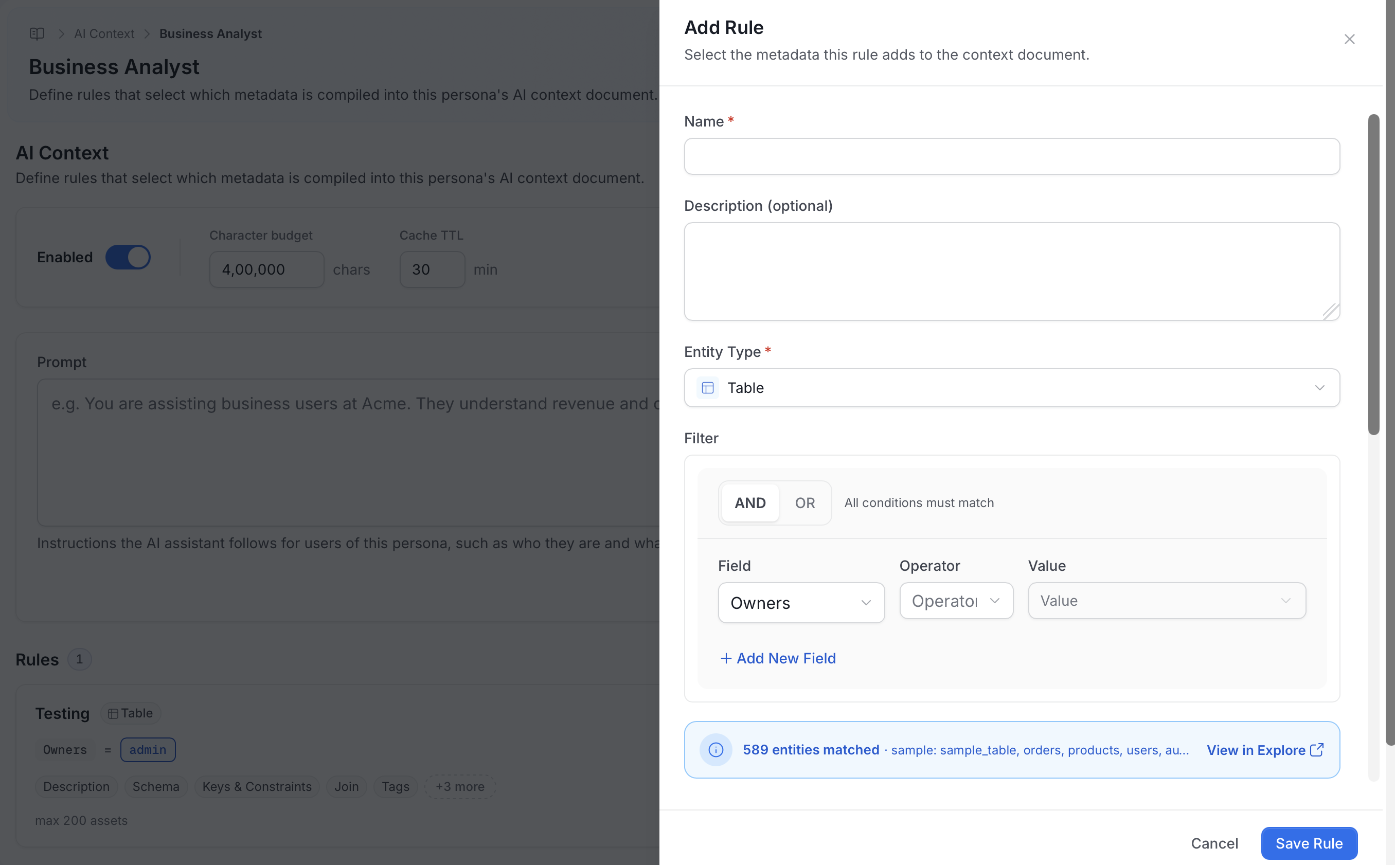 Add Rule panel with Name, Description, Entity Type, and Filter