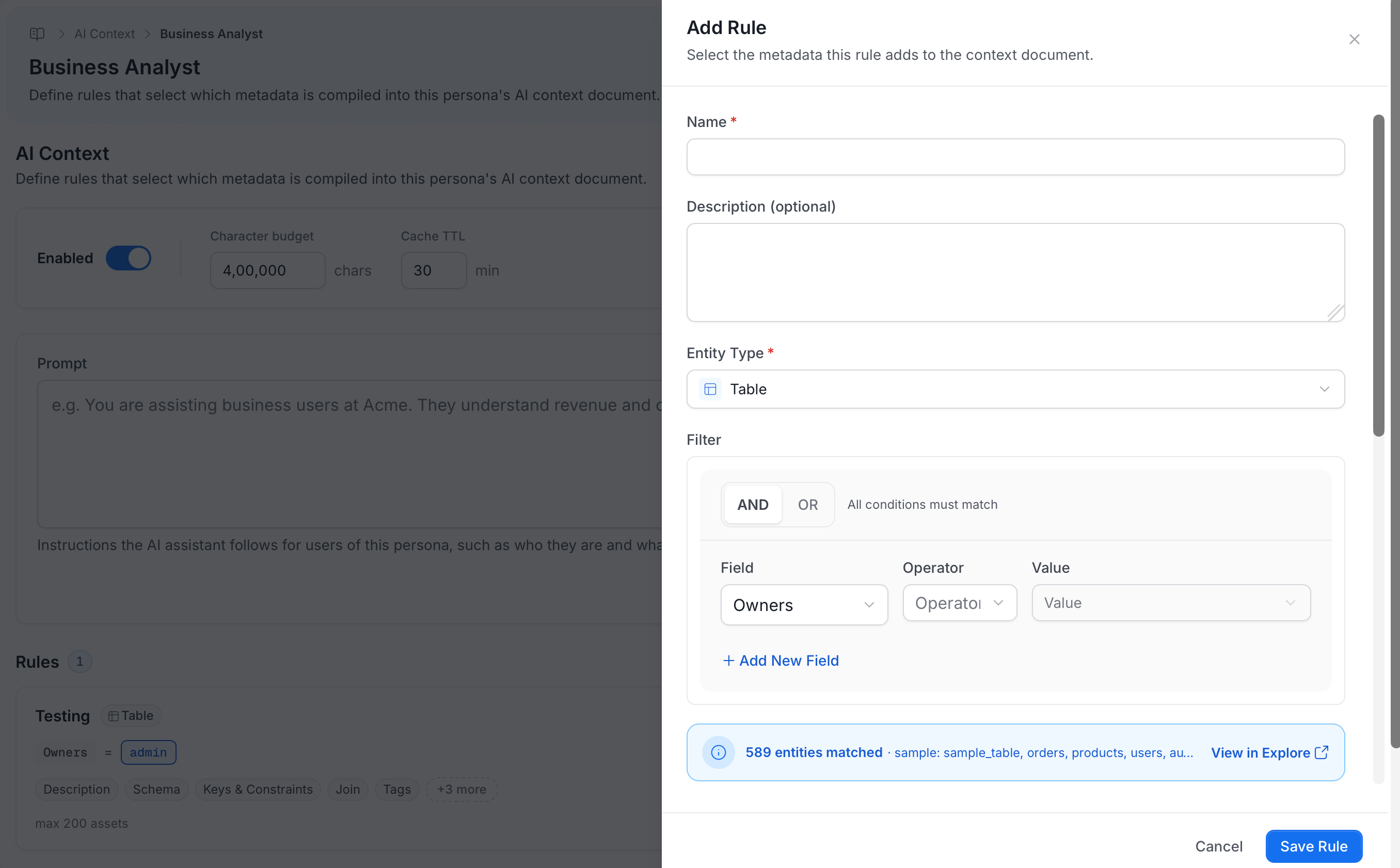Add Rule panel with Name, Description, Entity Type, and Filter