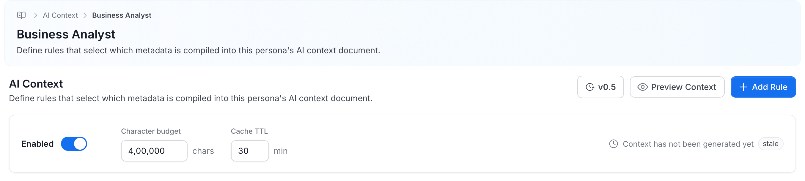 AI Context global settings: Enabled toggle, Character budget, Cache TTL, and freshness status