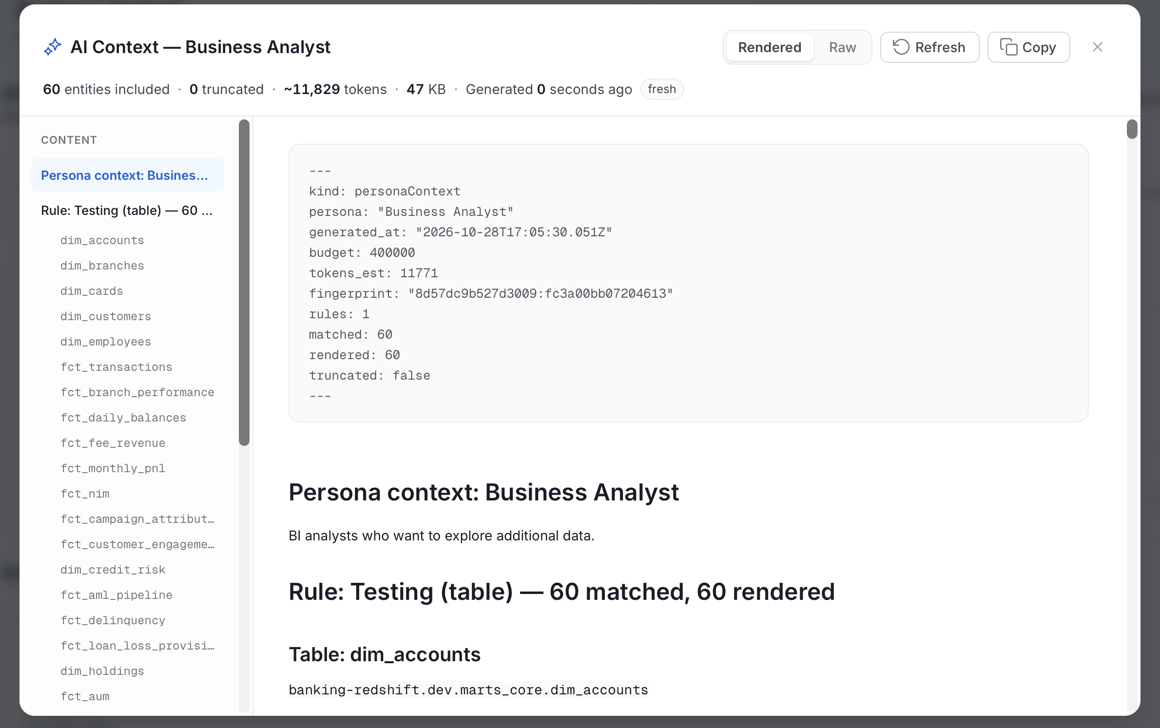 Preview Context window showing the compiled context for a persona, with the Content list, Rendered and Raw views, Refresh, and Copy