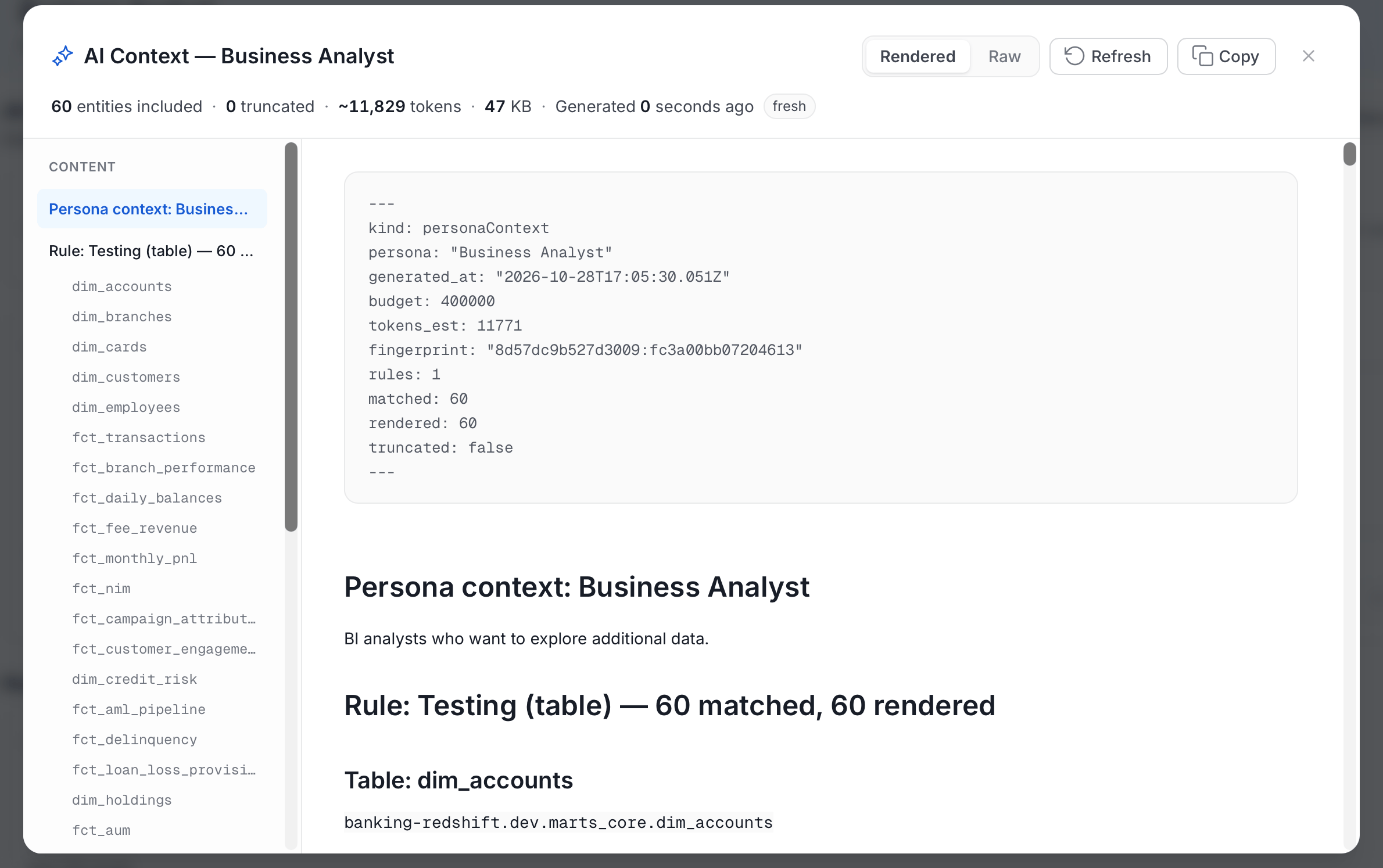 Preview Context window showing the compiled context for a persona, with the Content list, Rendered and Raw views, Refresh, and Copy