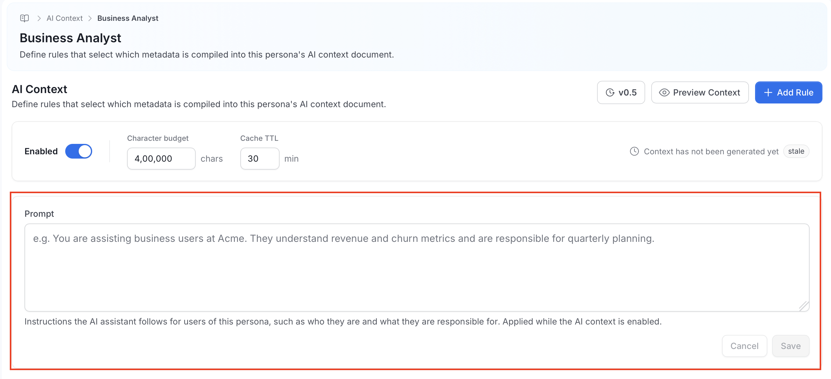 AI Context Prompt box with Cancel and Save buttons