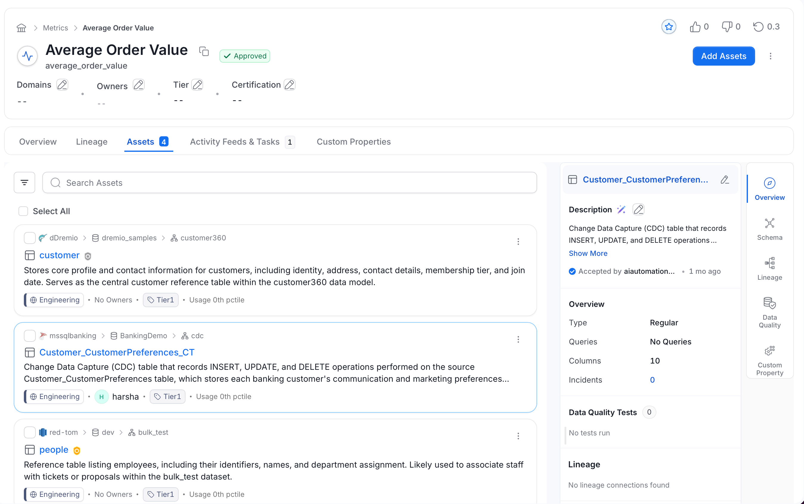 Assets tab of a metric with the asset preview panel