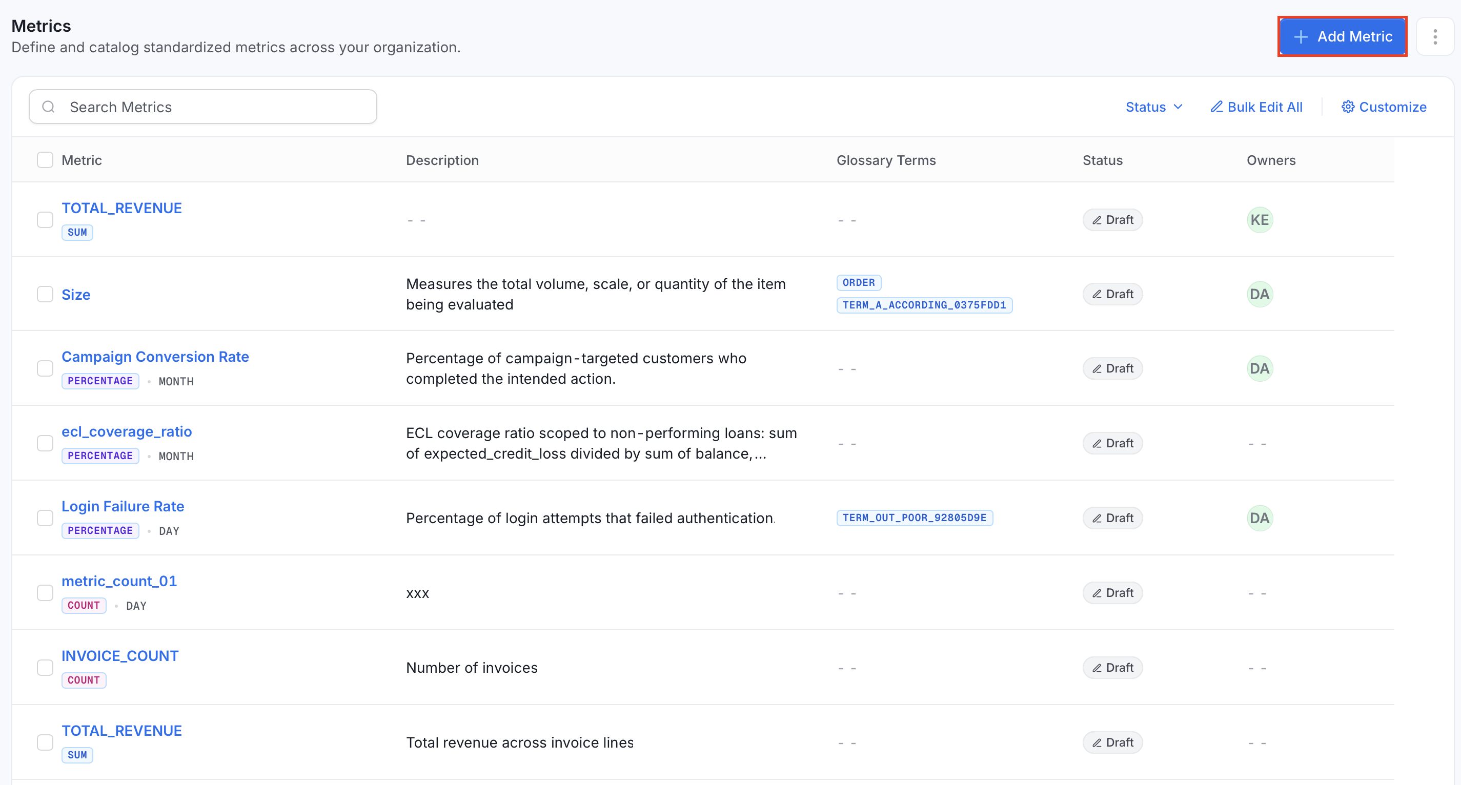 Add Metric button on the Metrics page