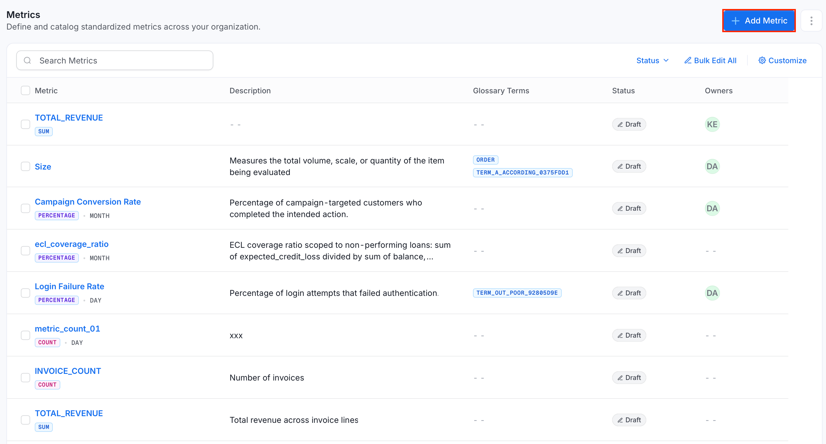 Add Metric button on the Metrics page