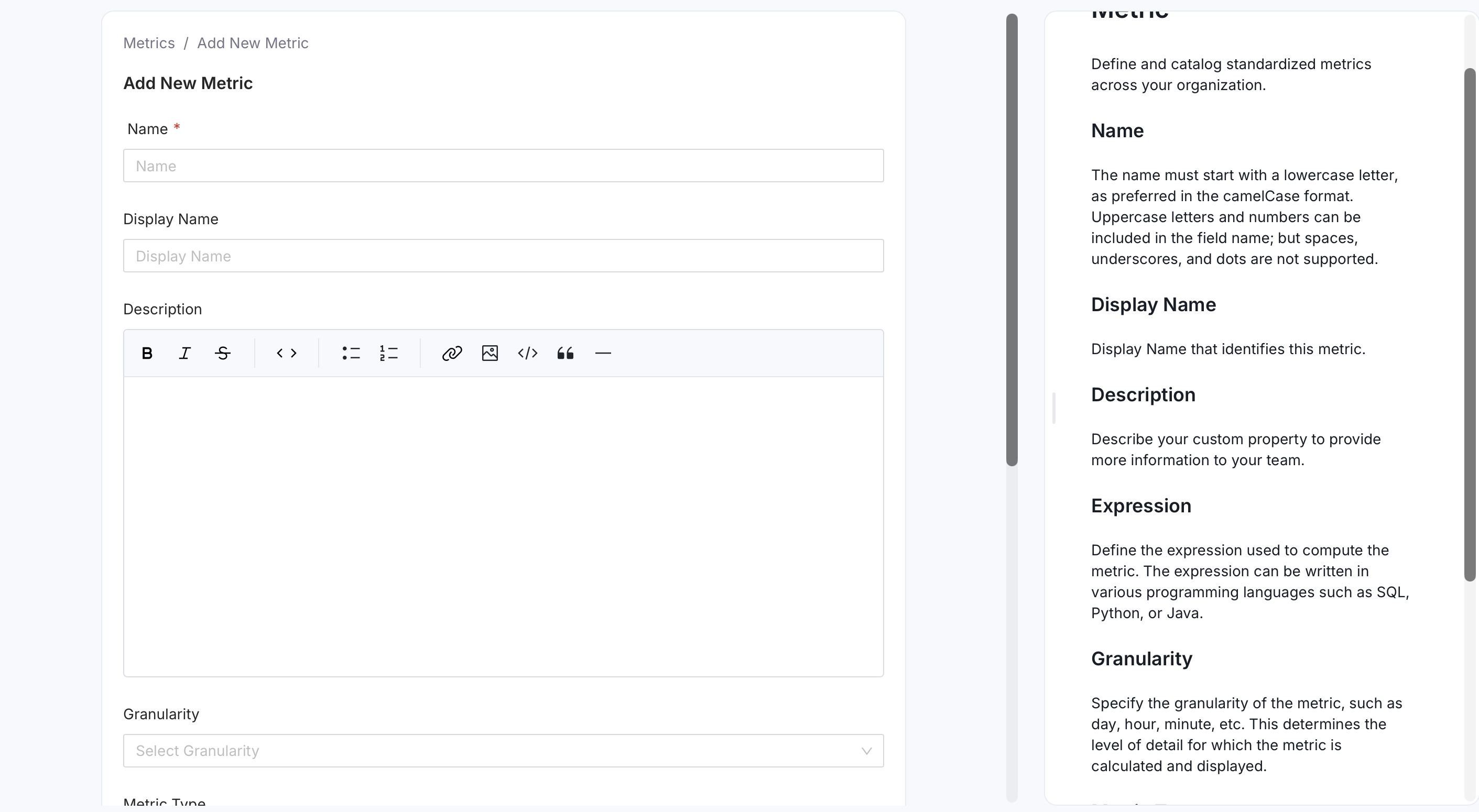 Add New Metric form
