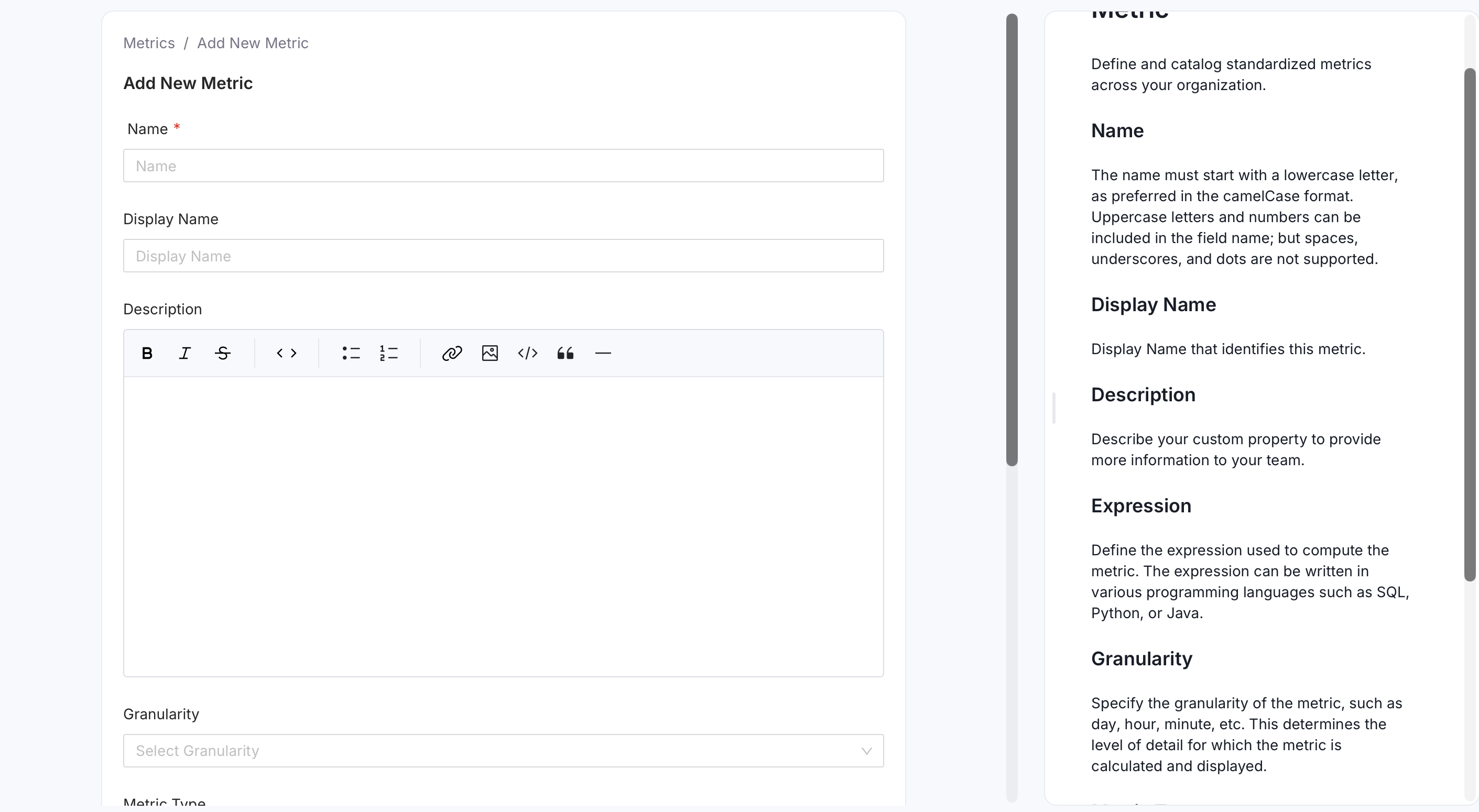 Add New Metric form