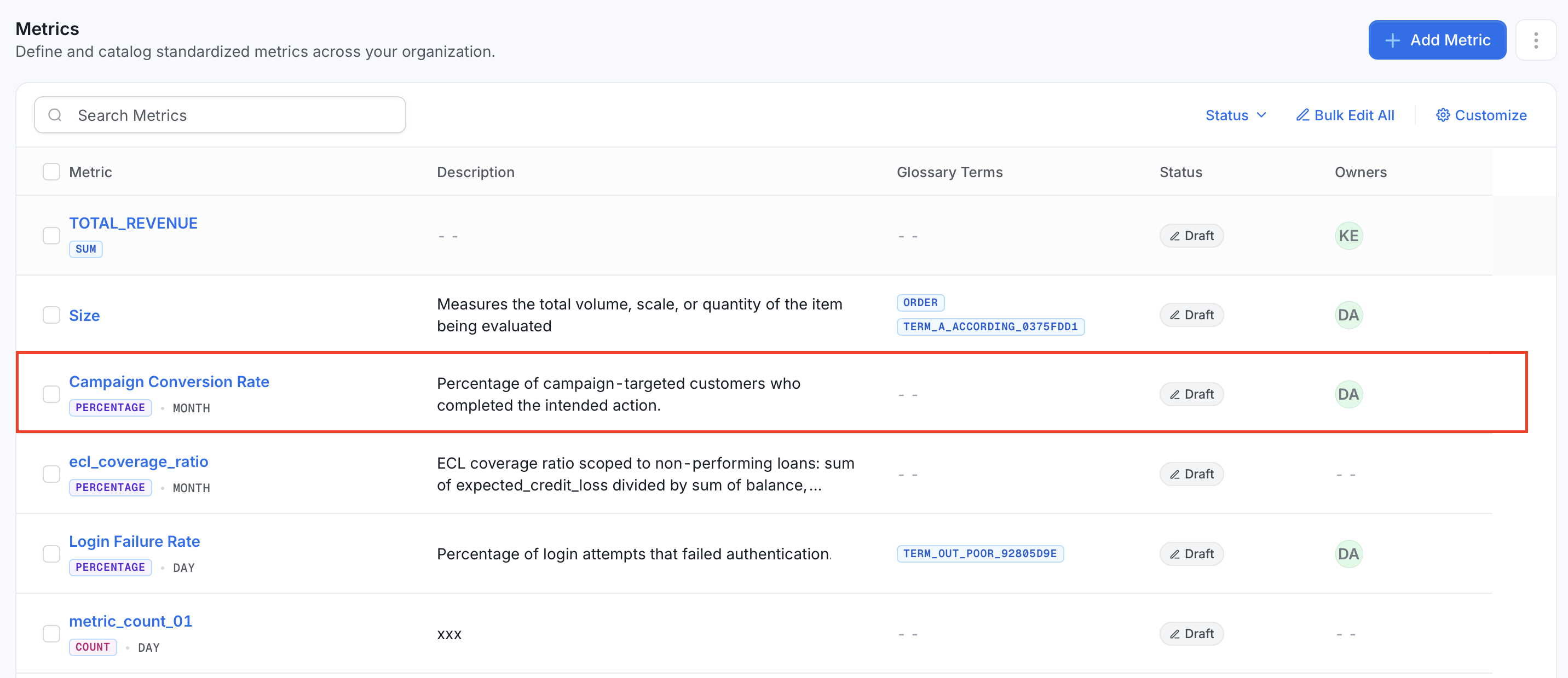 New metric in the Metrics list