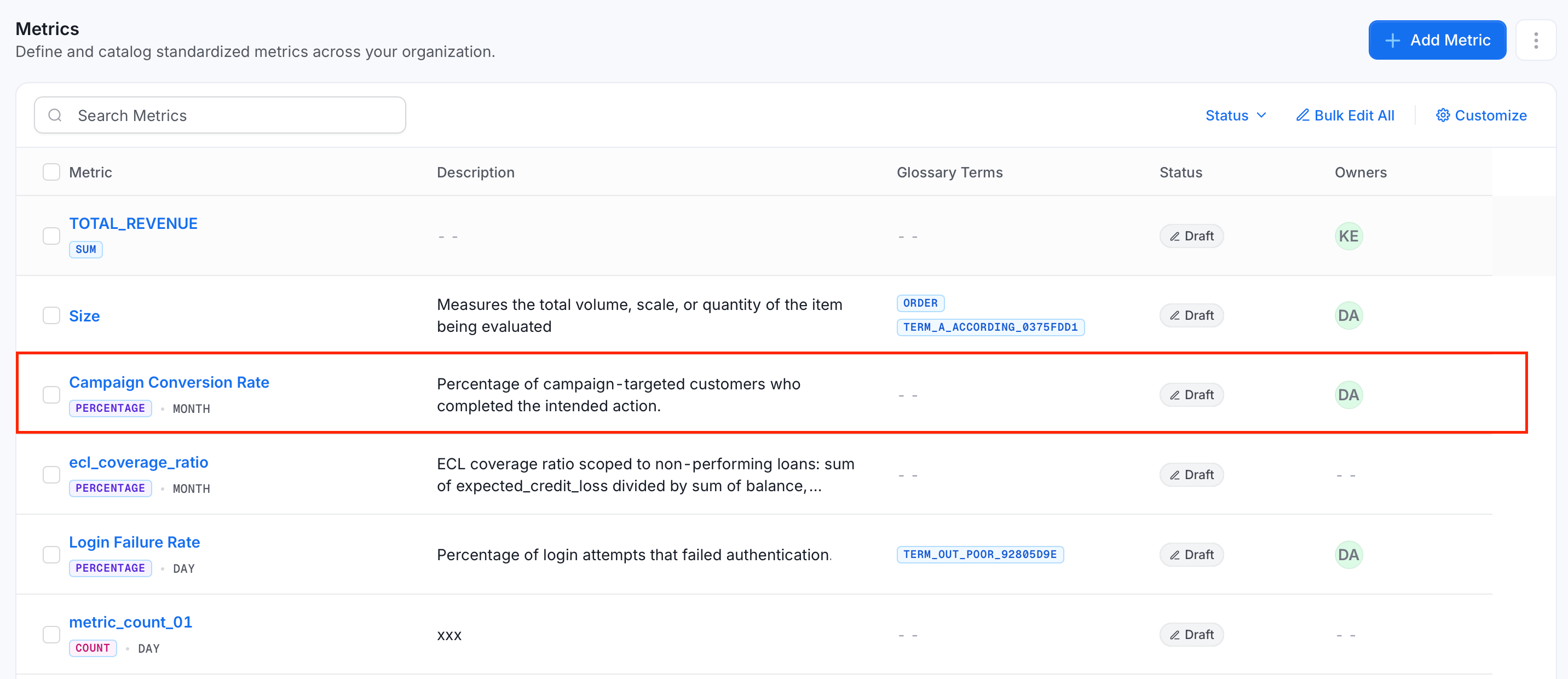 New metric in the Metrics list