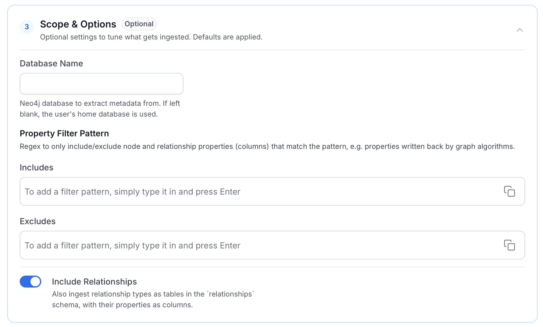 Scope & Options section with Database Name, Property Filter Pattern, and Include Relationships