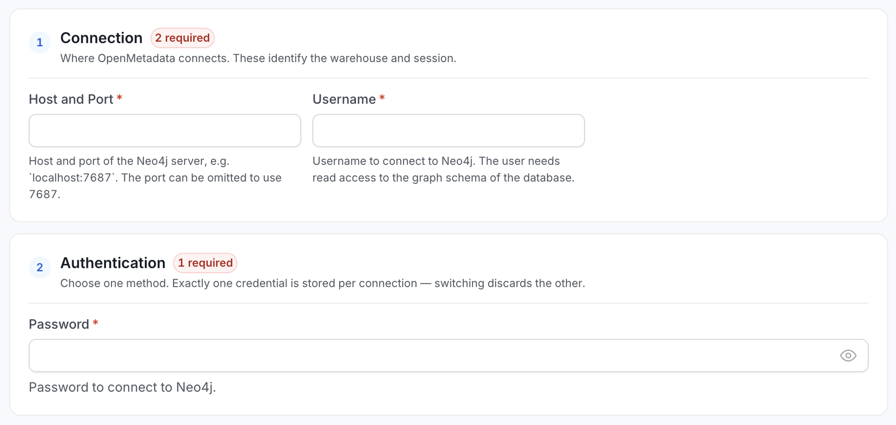 Connection and Authentication sections of the Neo4j connection form