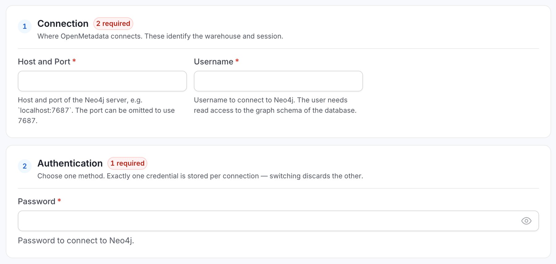 Connection and Authentication sections of the Neo4j connection form