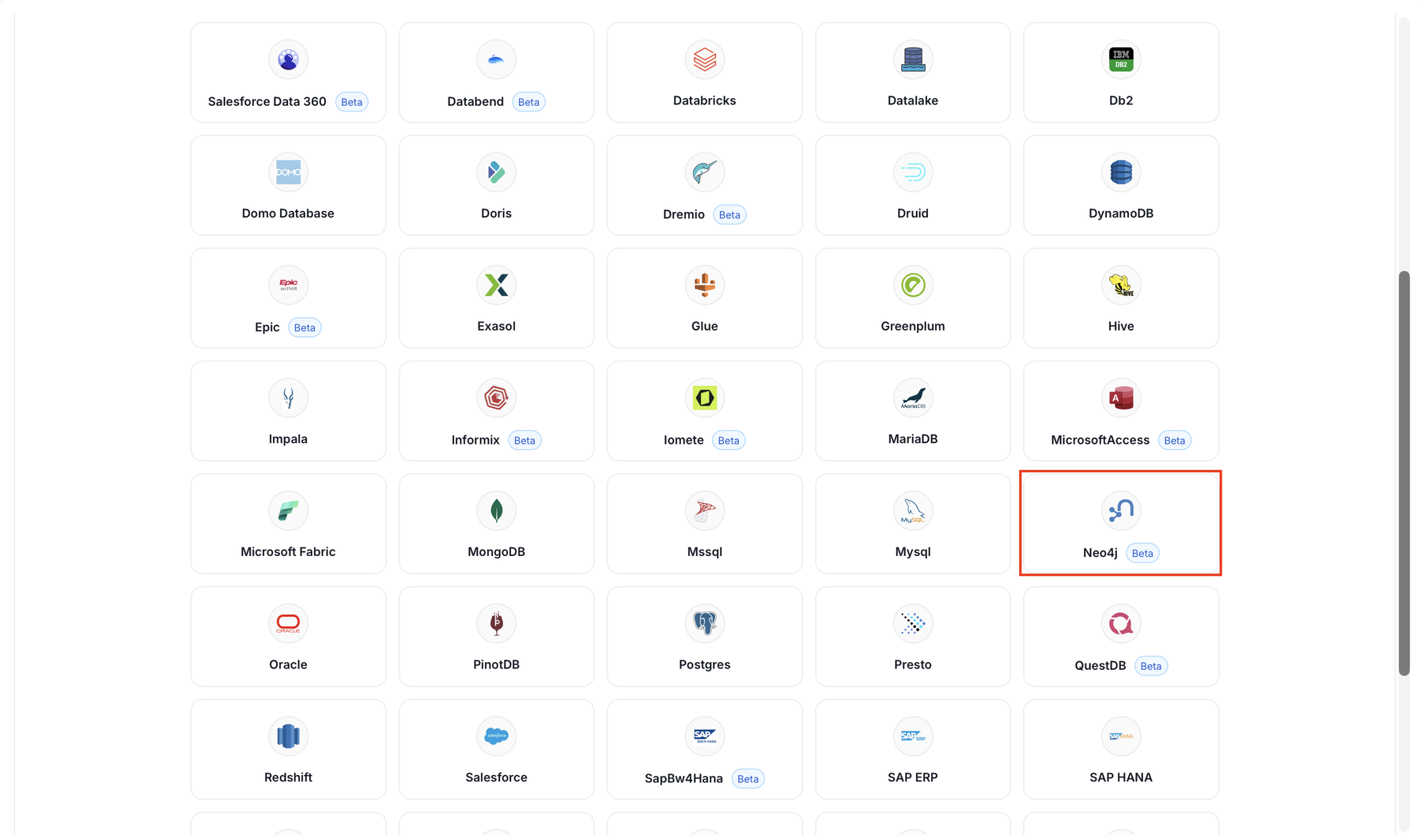 Neo4j tile in the database service type list