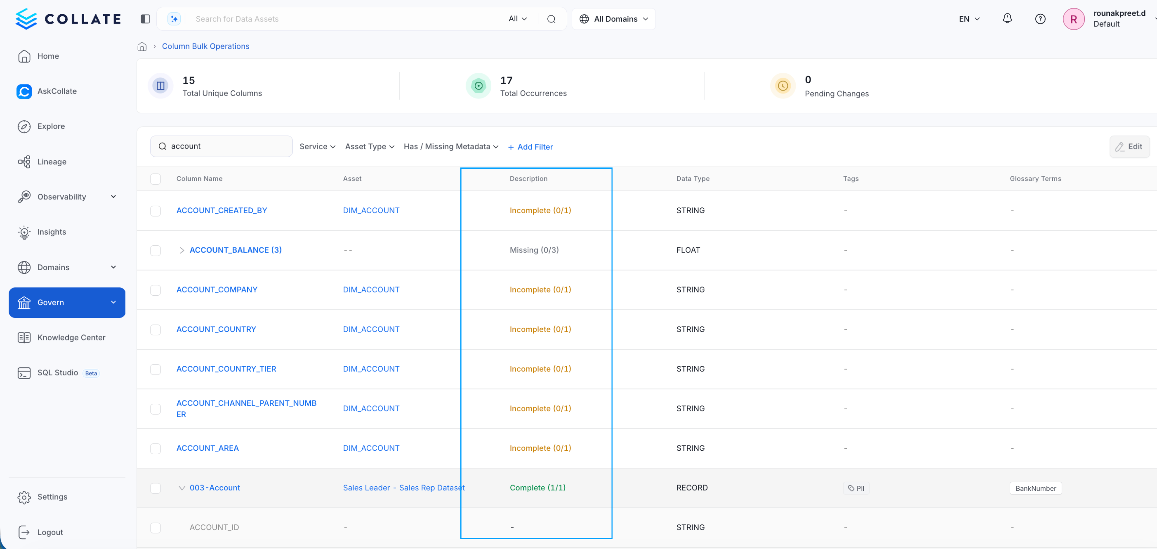 Filter Columns by Name and Status