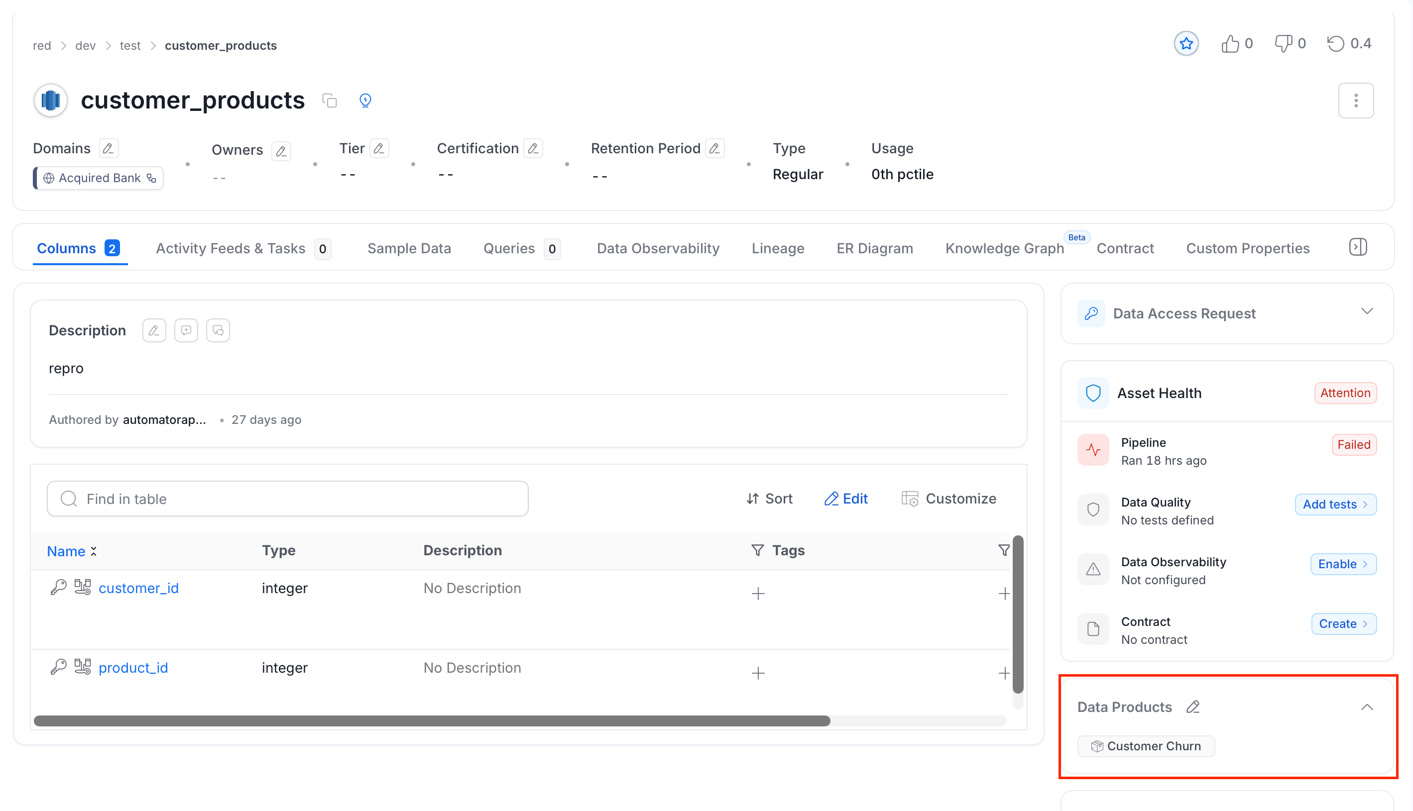 Data Products section on a table details page showing the Data Product assigned from dbt