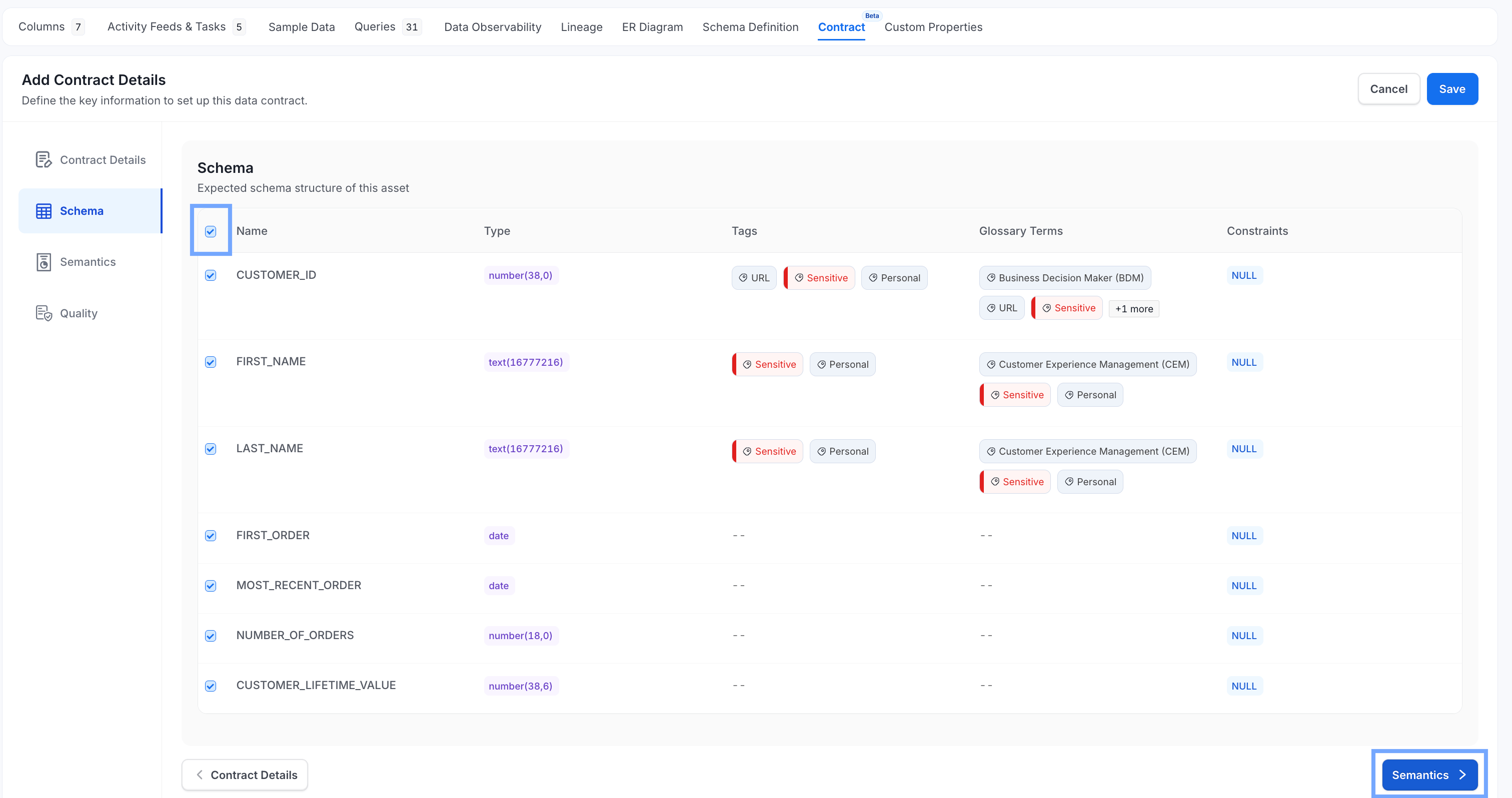 Selecting a schema for an OpenMetadata Data Contract
