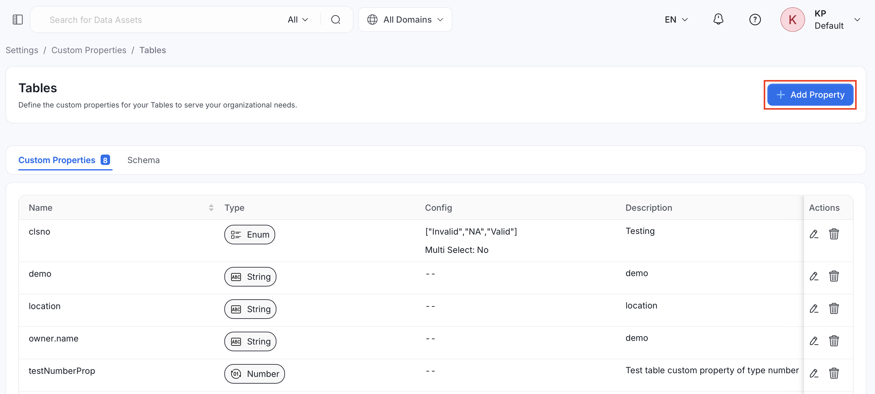 Custom properties page for Tables with the Add Property button highlighted