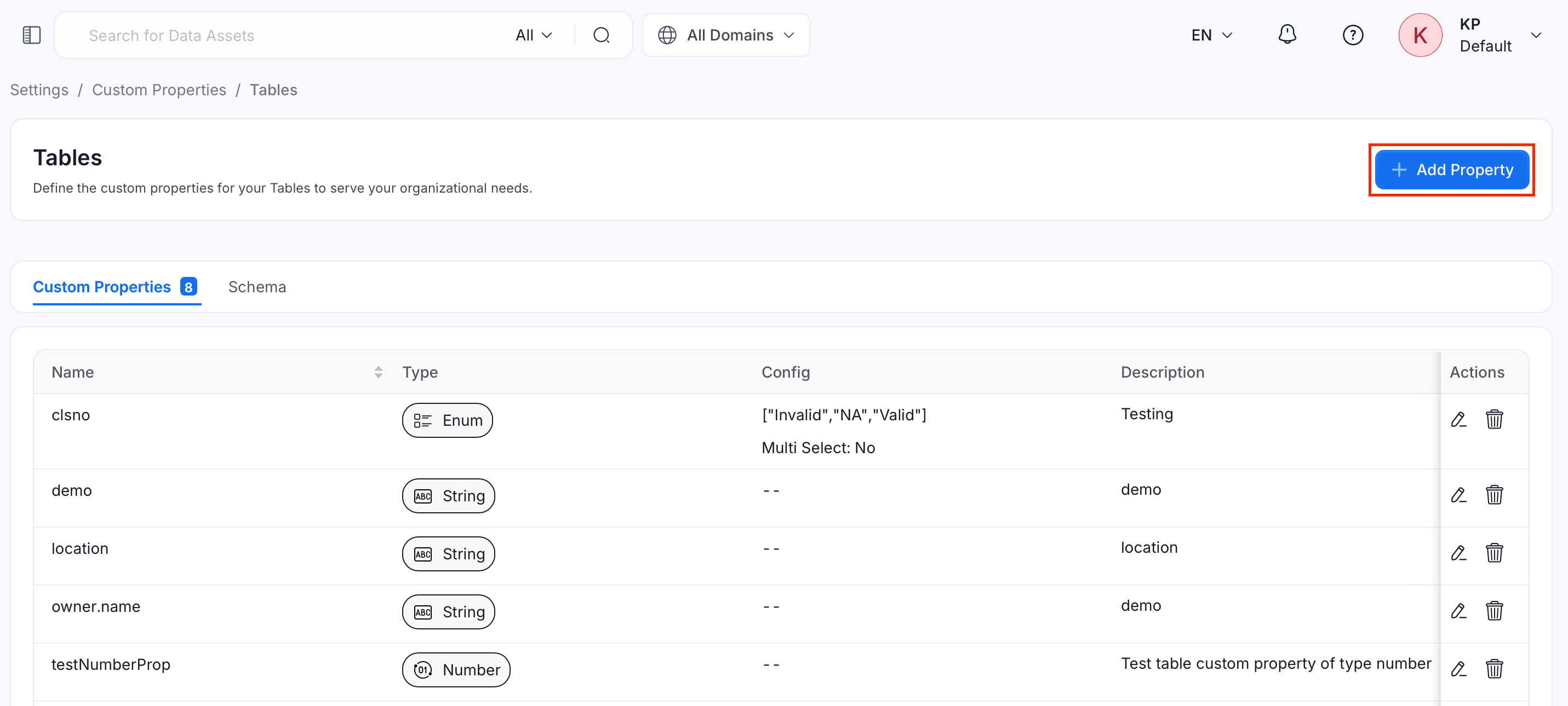 Custom properties page for Tables with the Add Property button highlighted