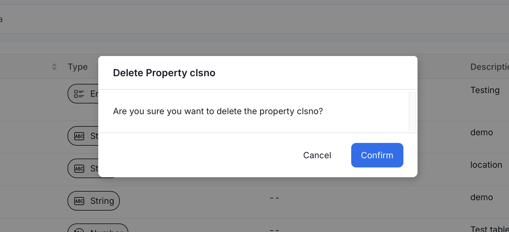 Delete Property confirmation window with Cancel and Confirm buttons
