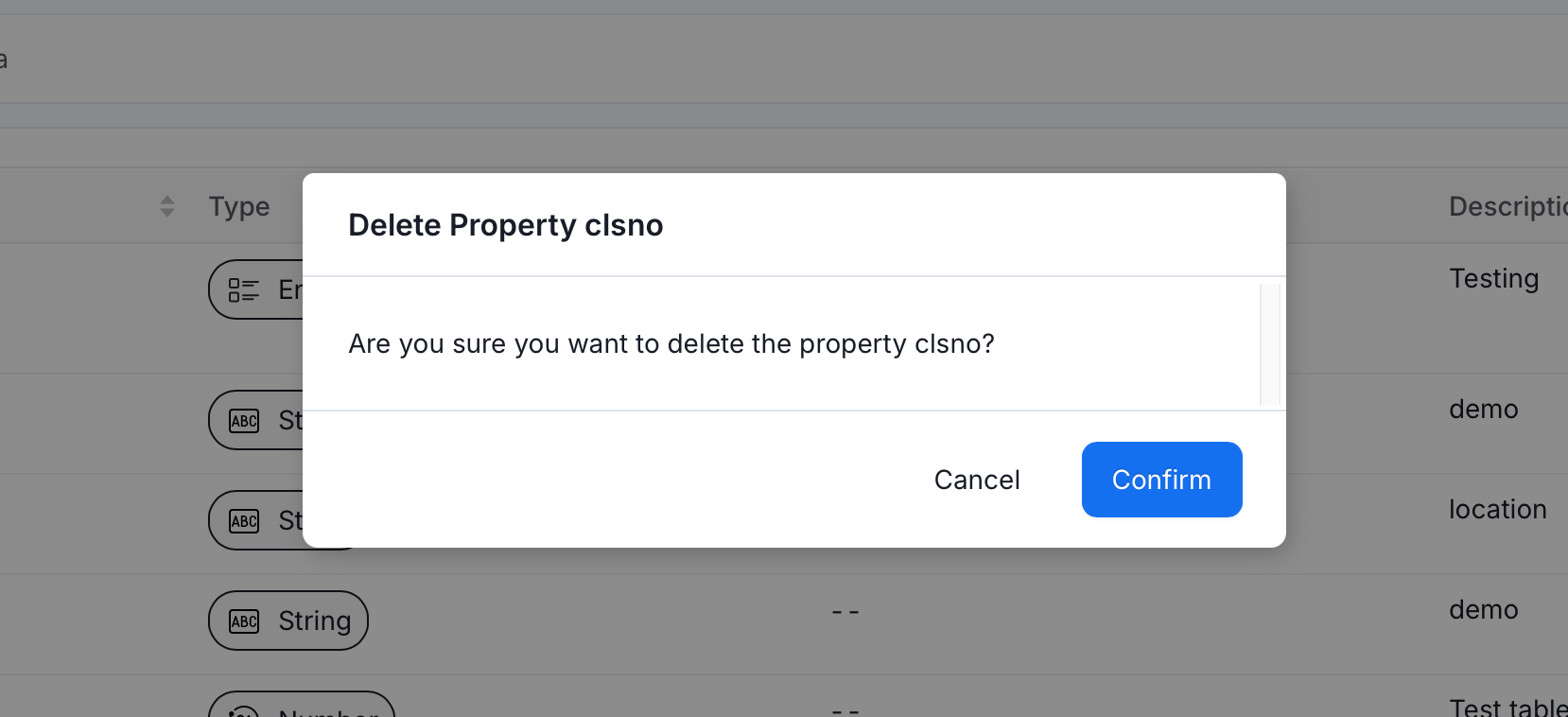 Delete Property confirmation window with Cancel and Confirm buttons