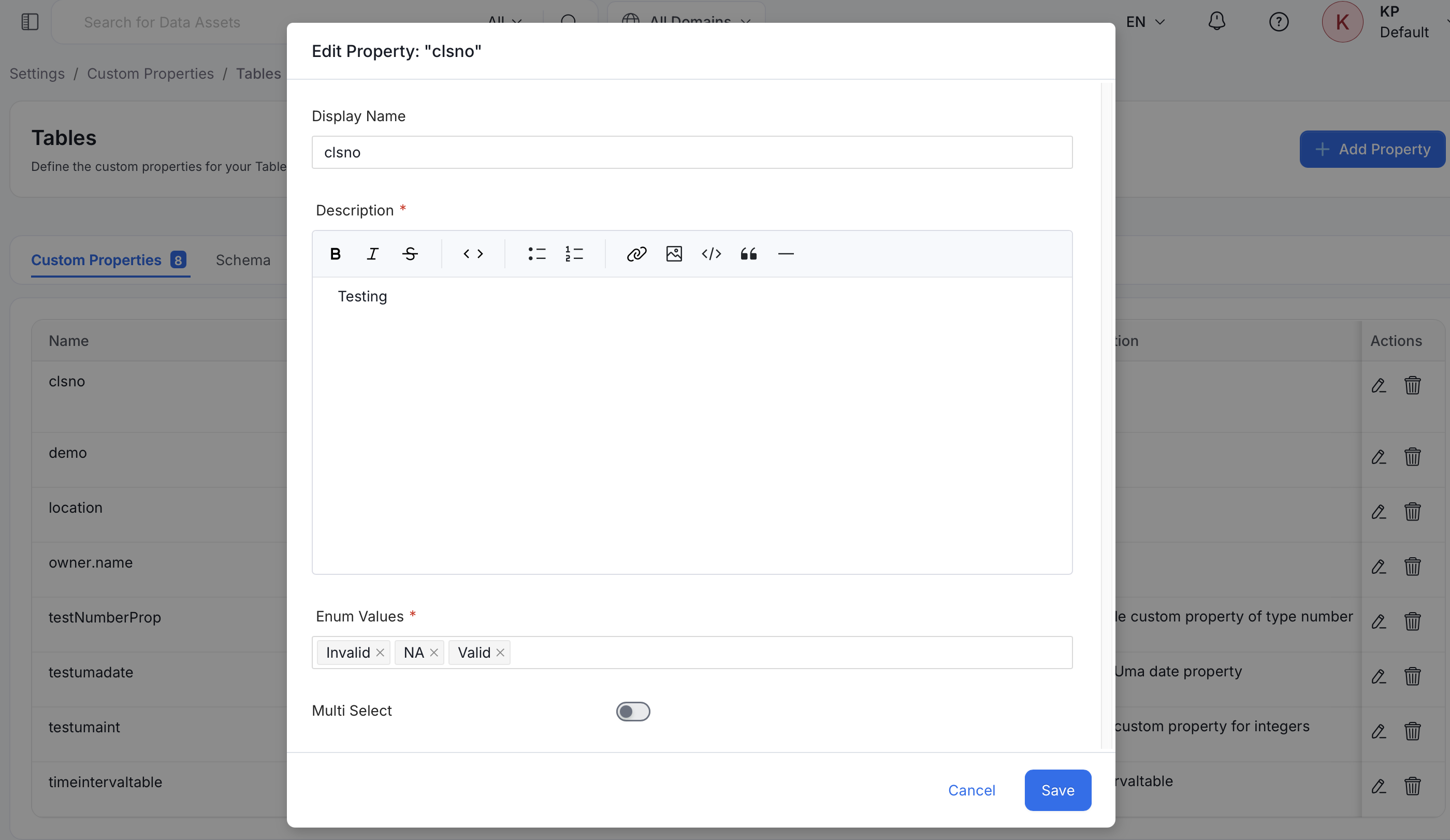 Edit Property window for an Enum property with Display Name, Description, Enum Values, and Multi Select